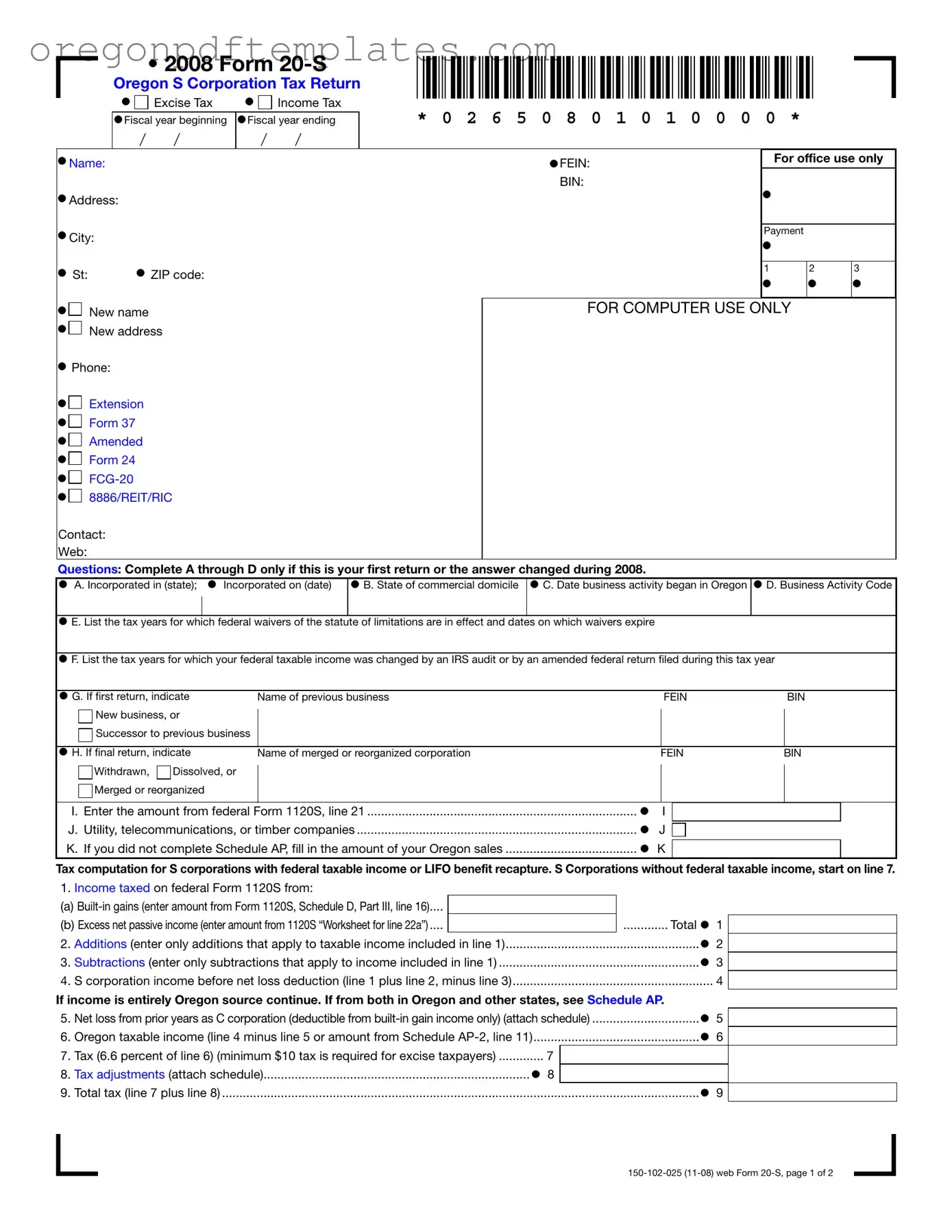 Blank Oregon 20 S Form