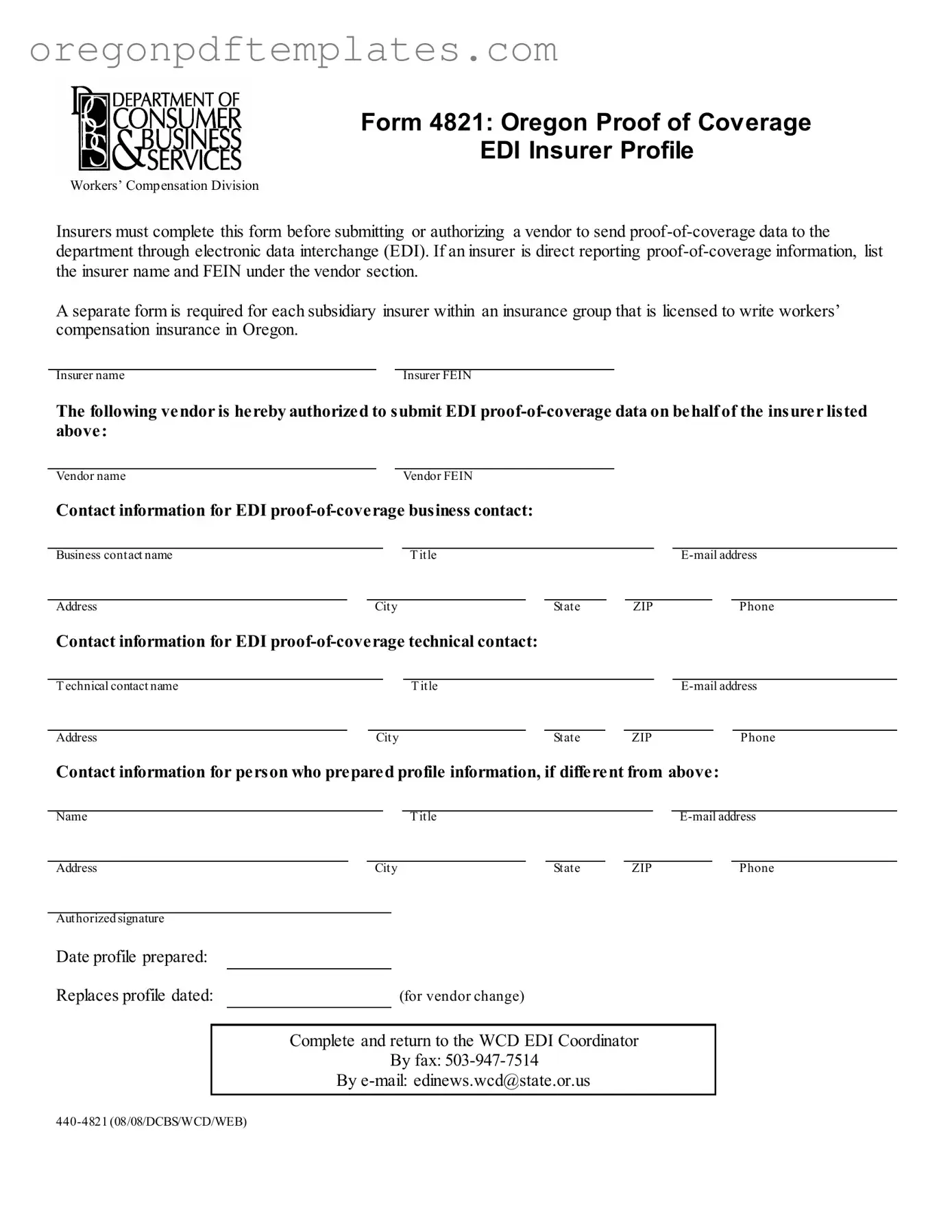 Blank Oregon 4821 Form