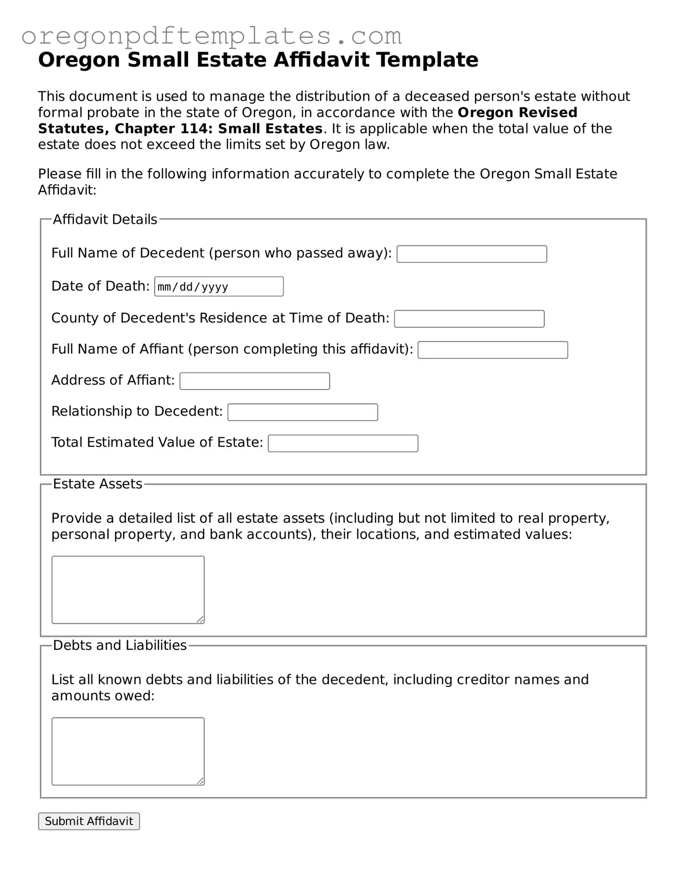 Small Estate Affidavit Document for Oregon State