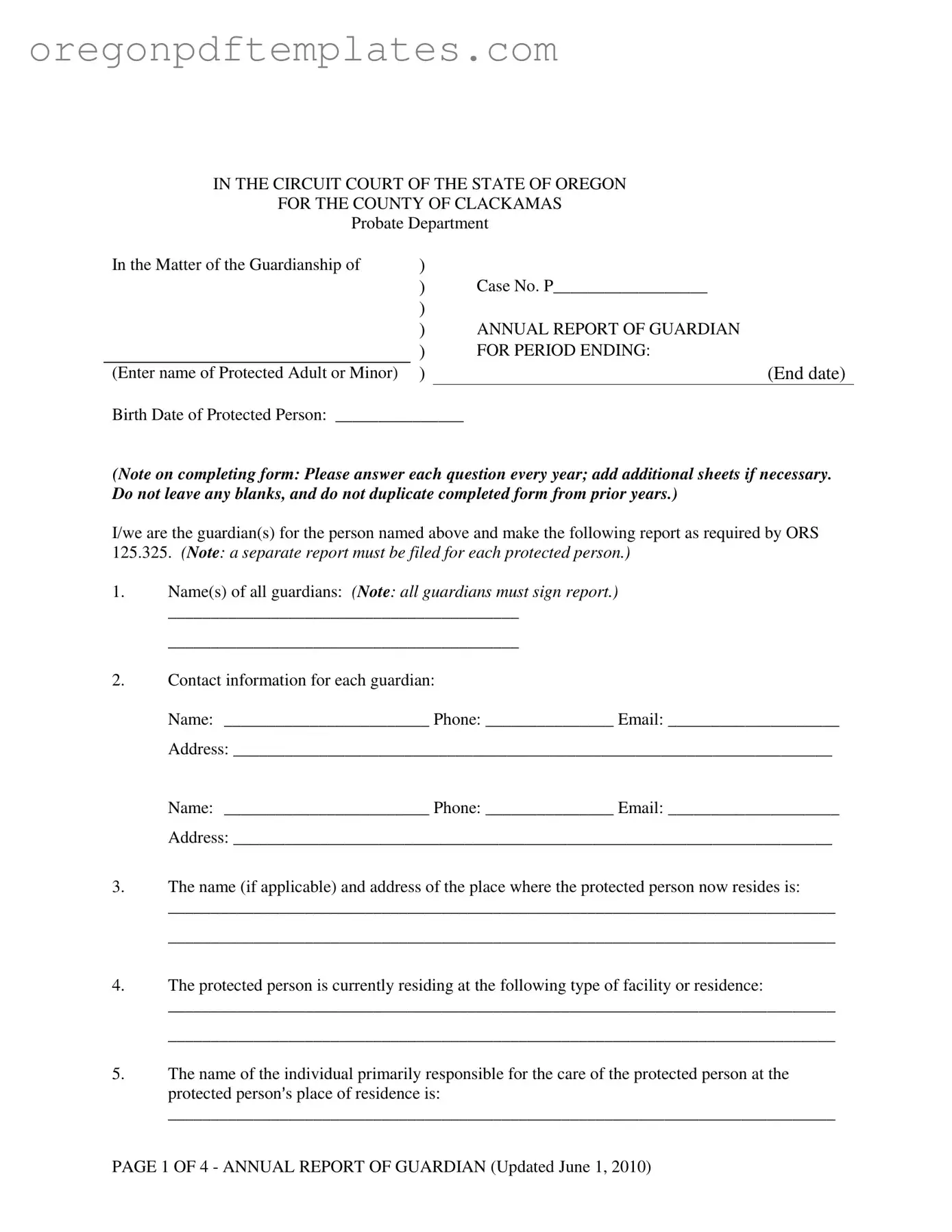 Blank Oregon Annual Report Guardian Form