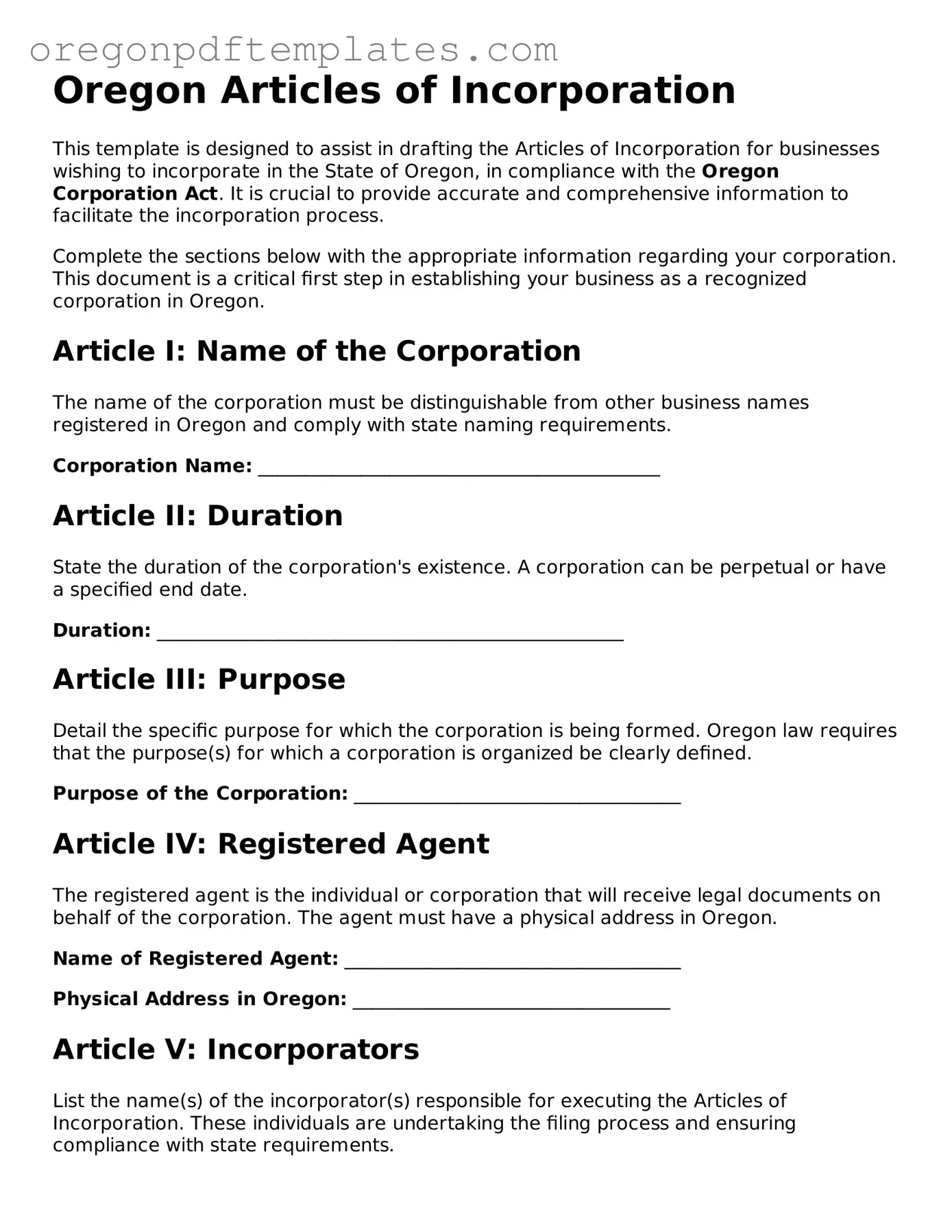 Articles of Incorporation Document for Oregon State