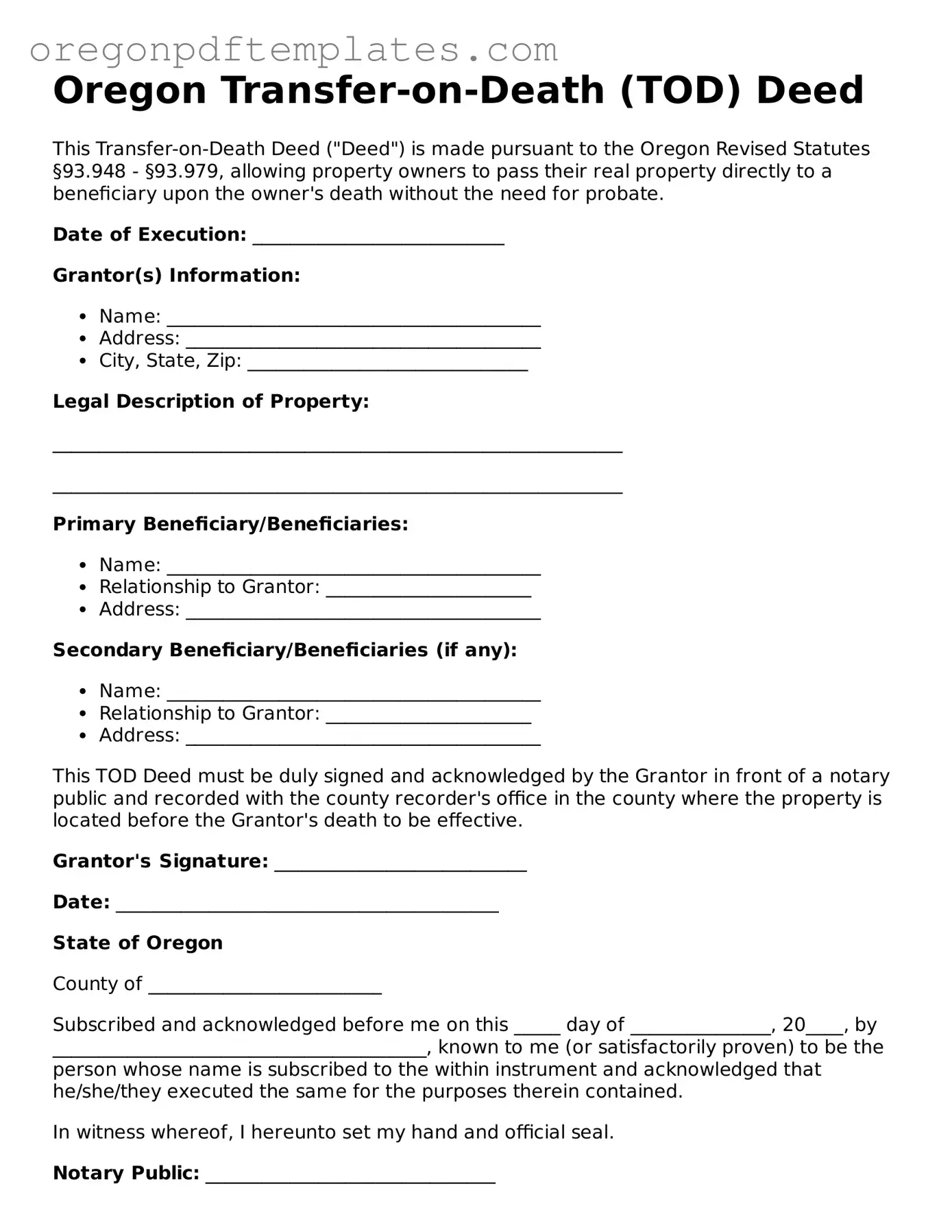 Transfer-on-Death Deed Document for Oregon State