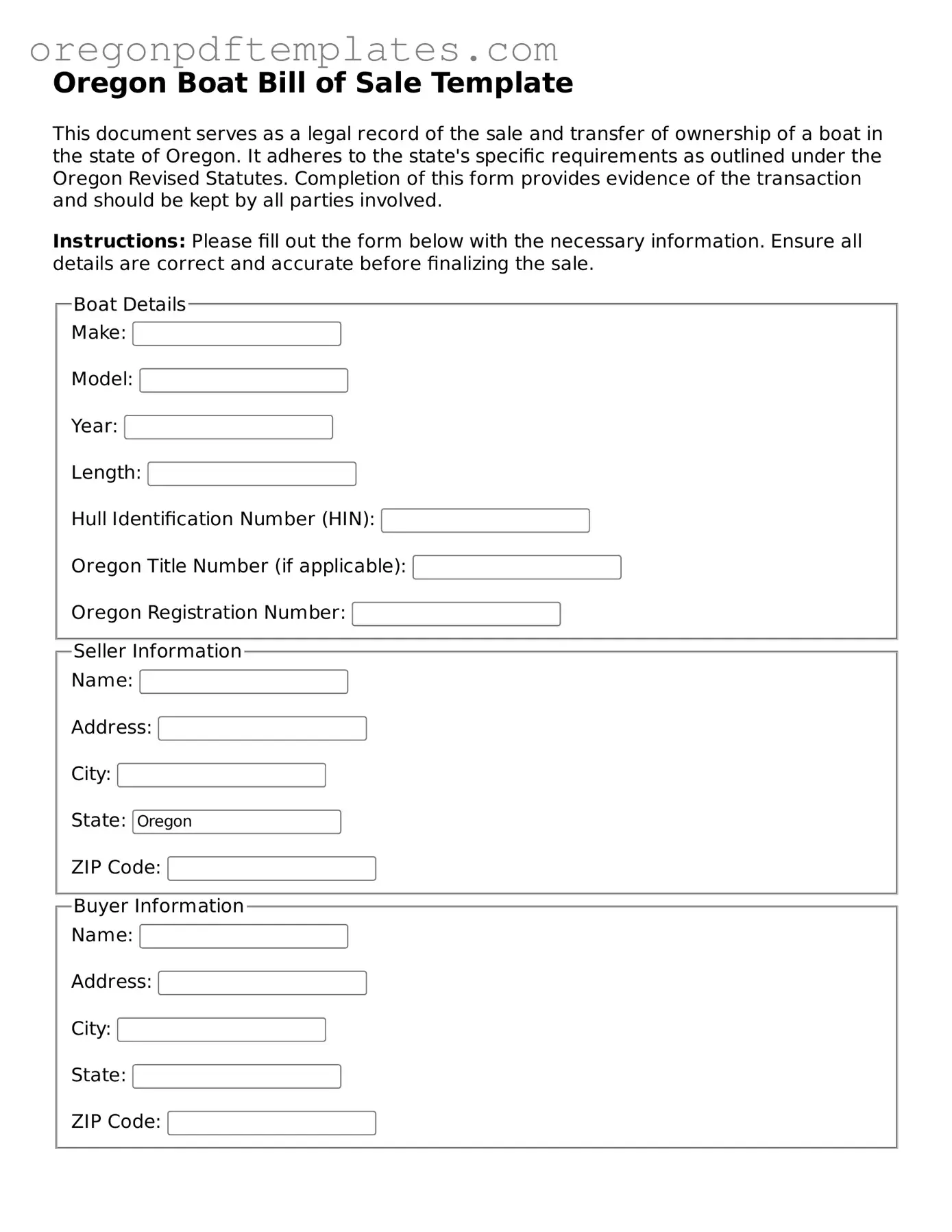 Boat Bill of Sale Document for Oregon State