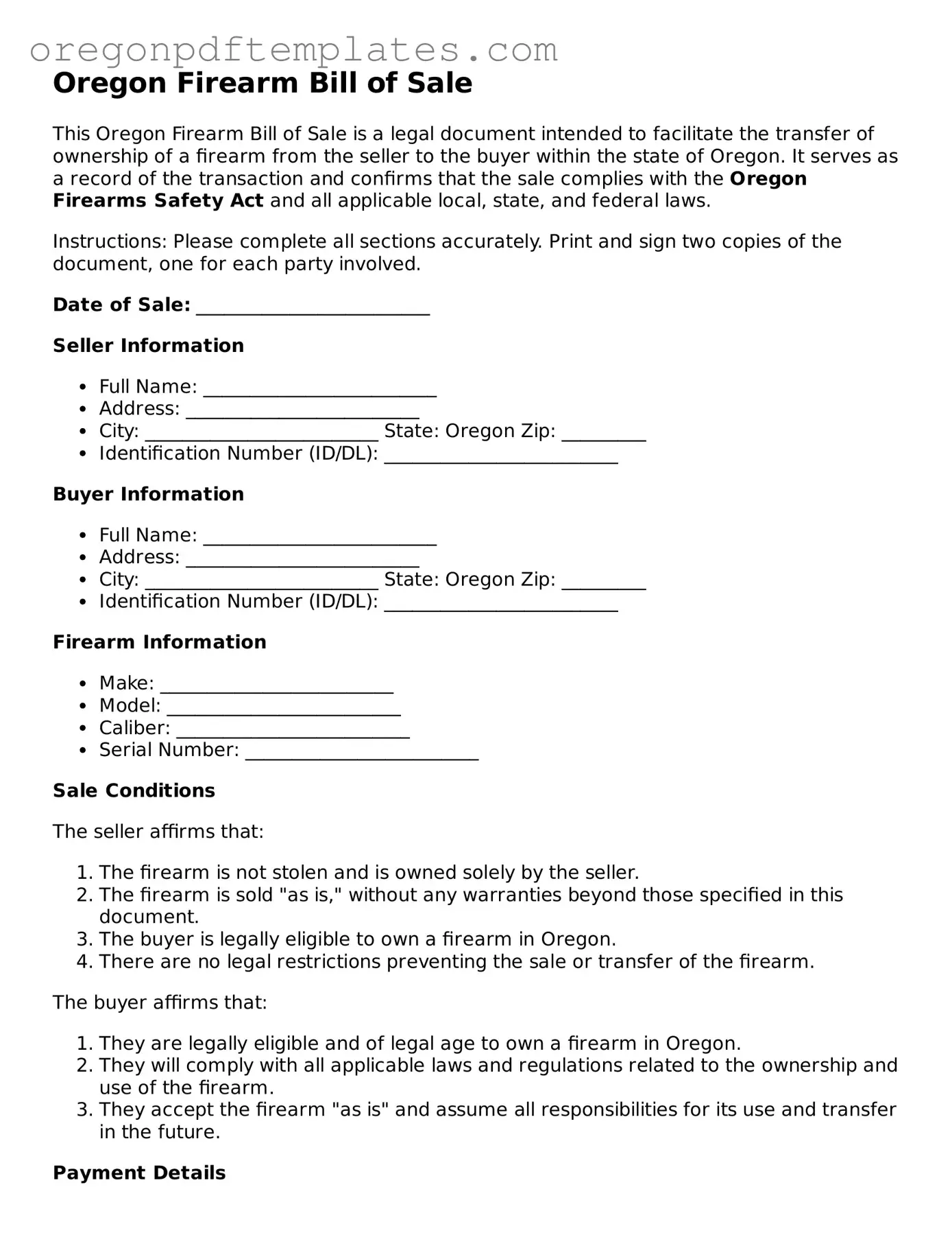 Firearm Bill of Sale Document for Oregon State