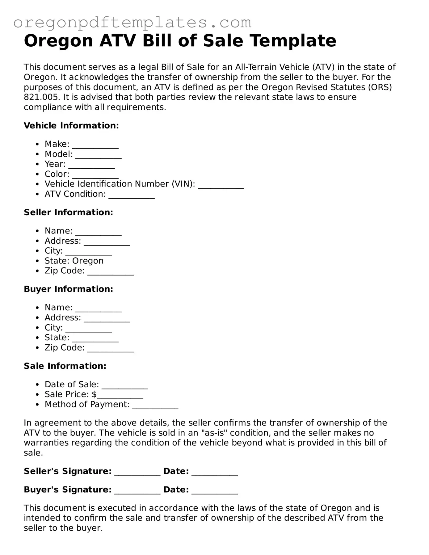 ATV Bill of Sale Document for Oregon State