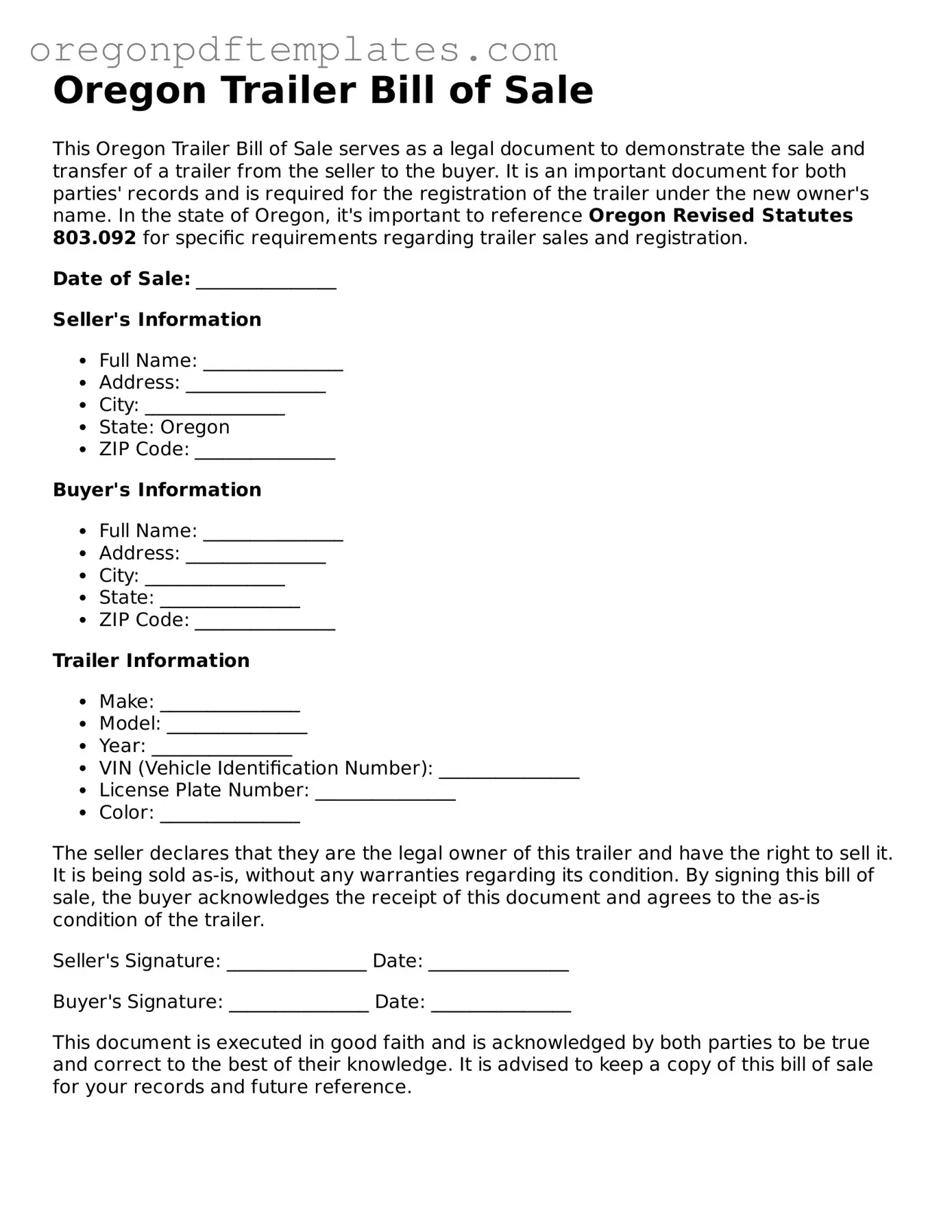 Trailer Bill of Sale Document for Oregon State