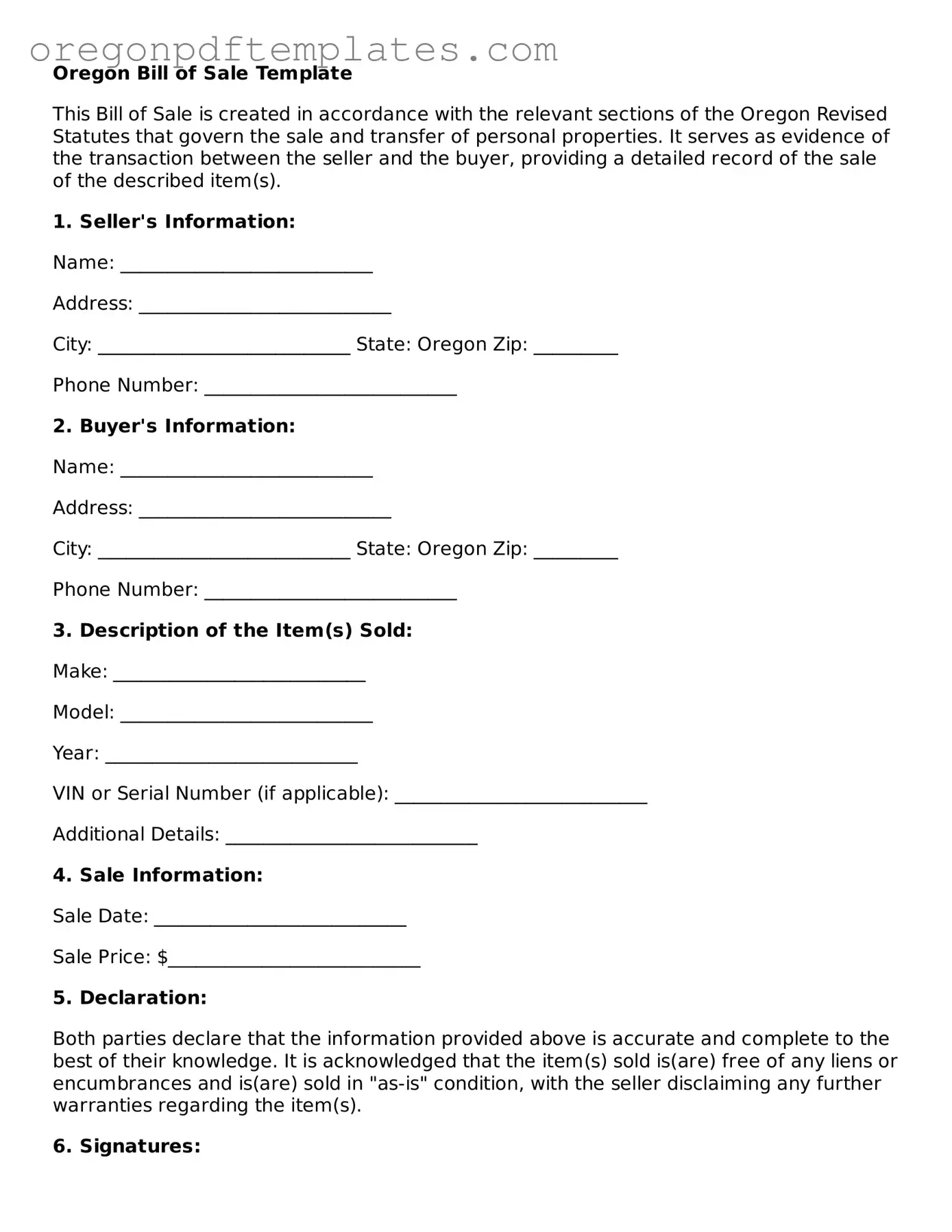 Bill of Sale Document for Oregon State