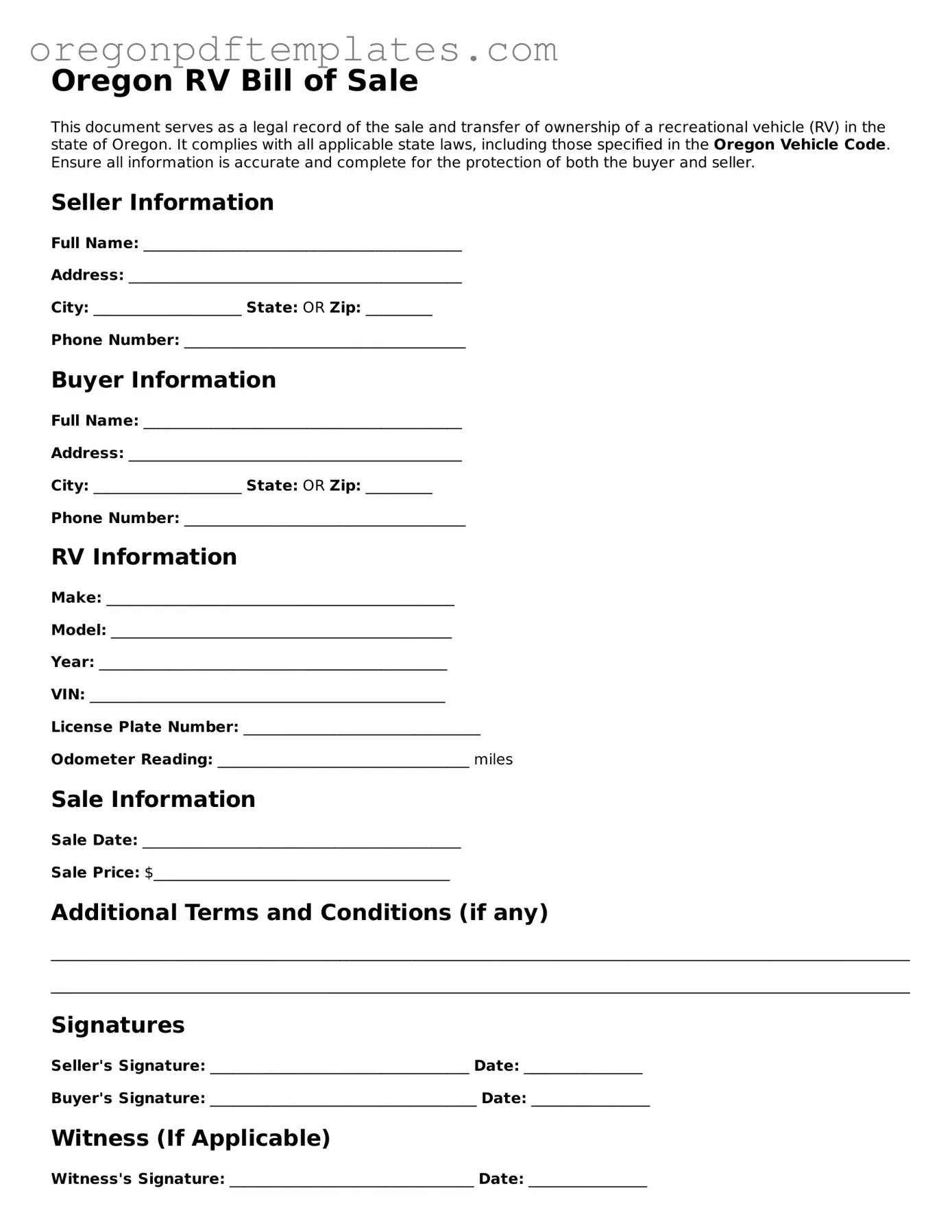 RV Bill of Sale Document for Oregon State