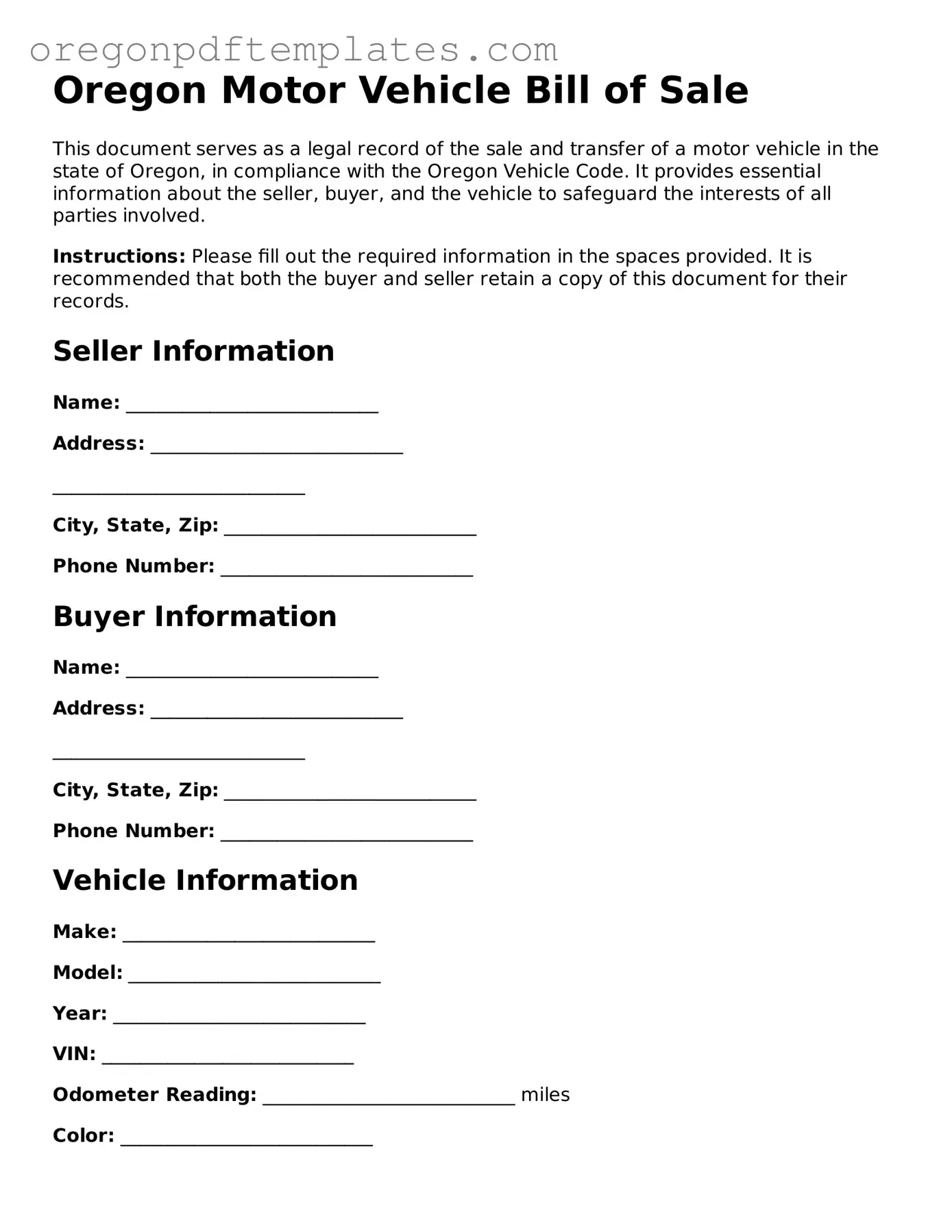 Motor Vehicle Bill of Sale Document for Oregon State