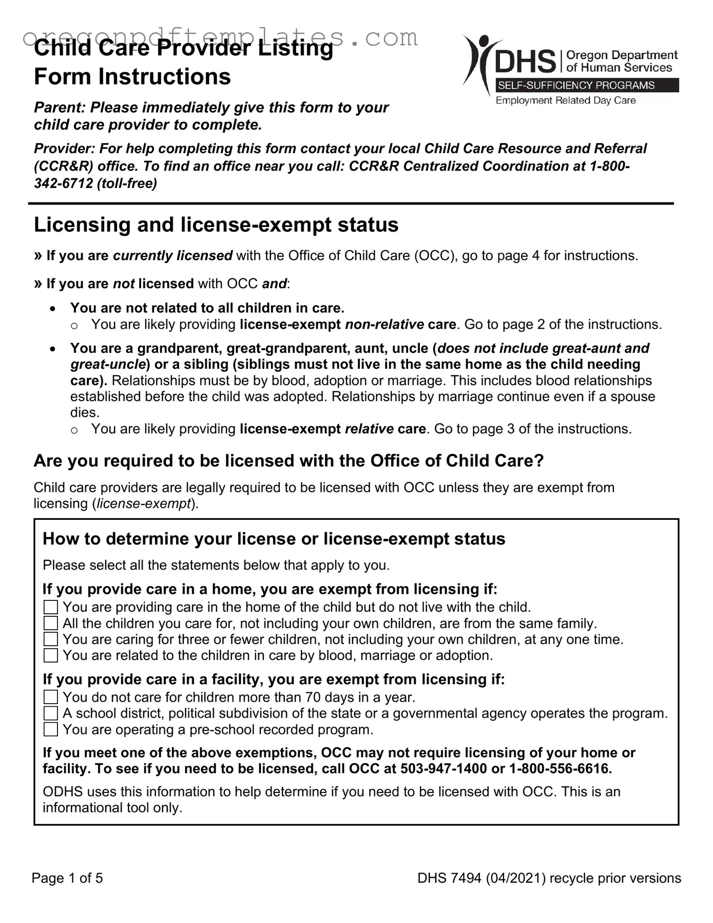 Blank Oregon Dhs Child Care Provider Form