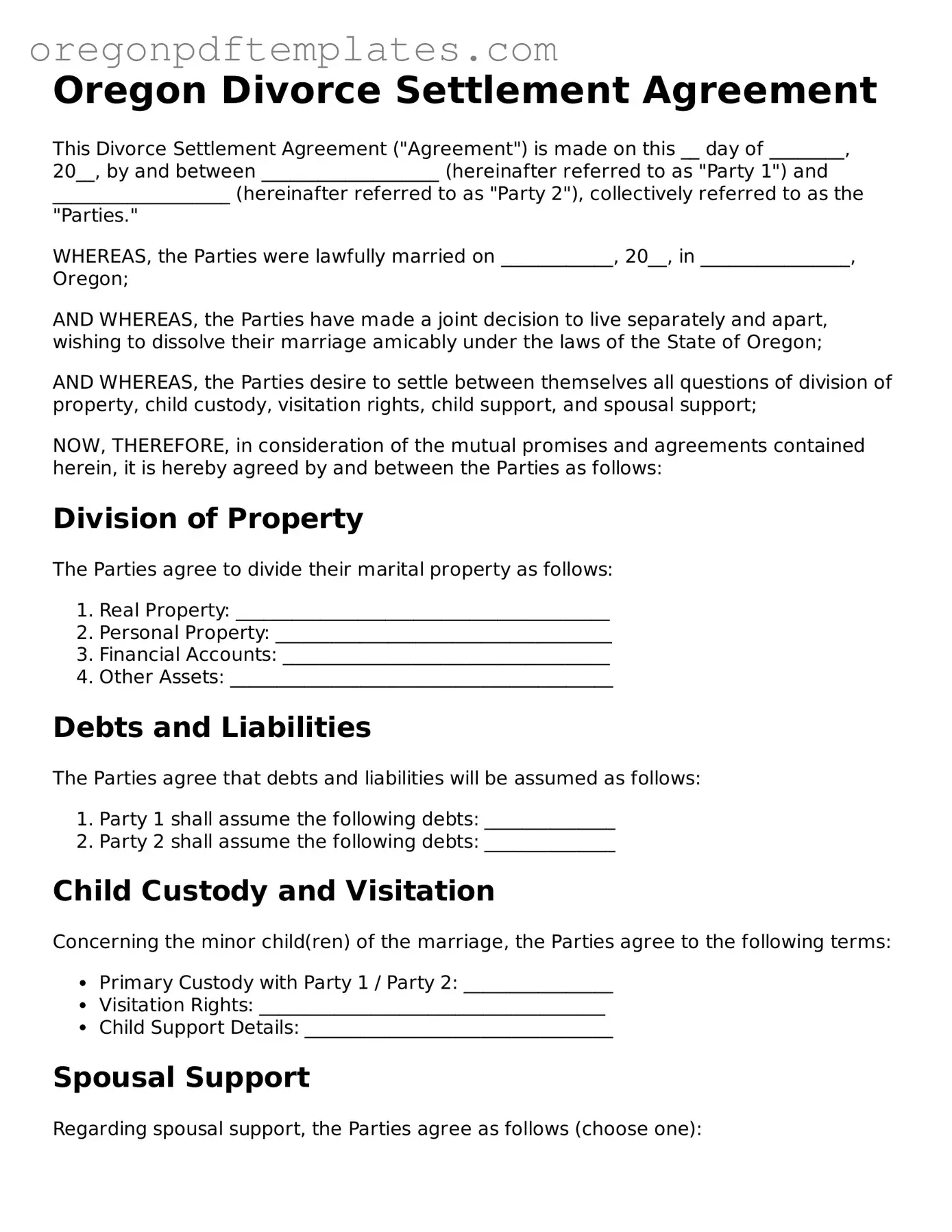 Divorce Settlement Agreement Document for Oregon State