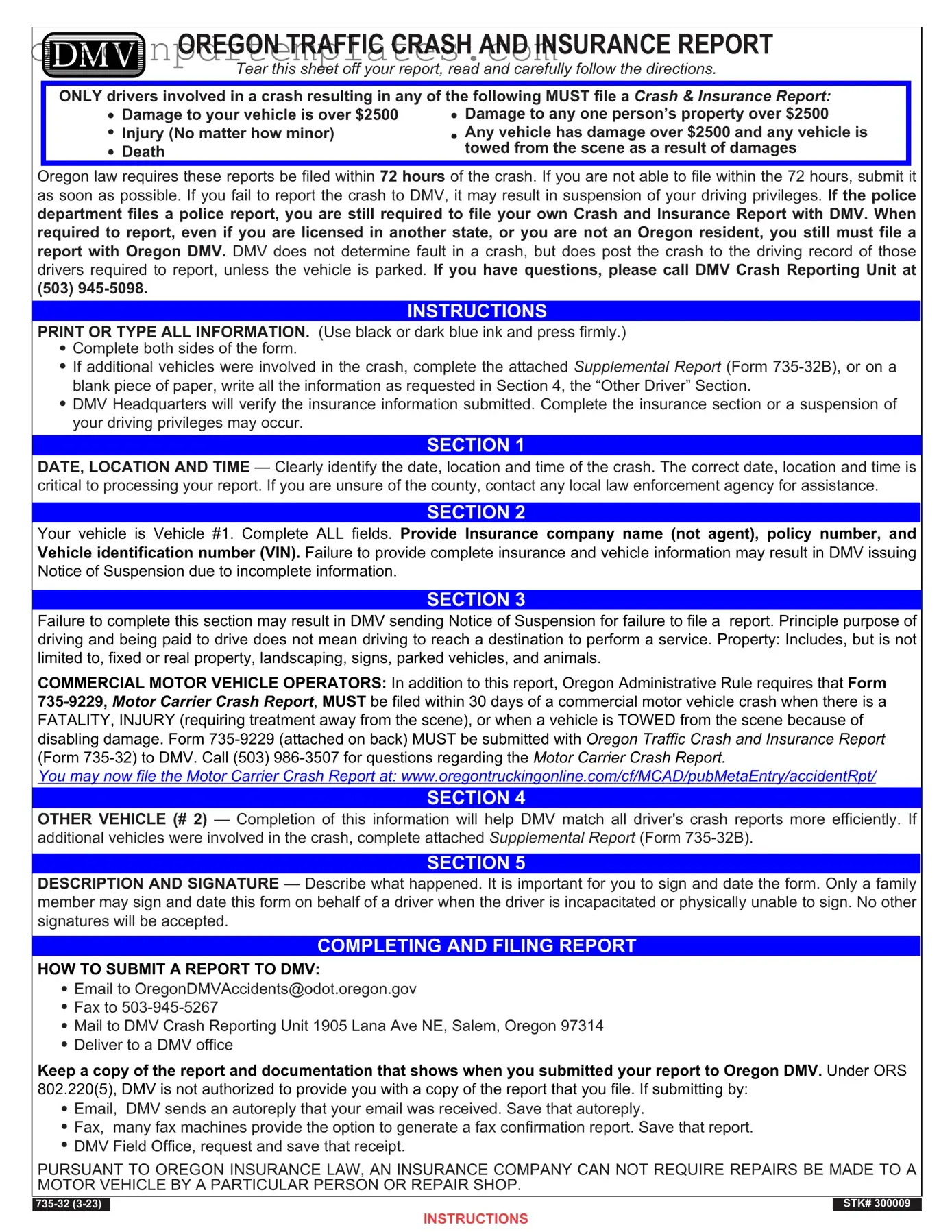 Blank Oregon Dmv Accident Report Form