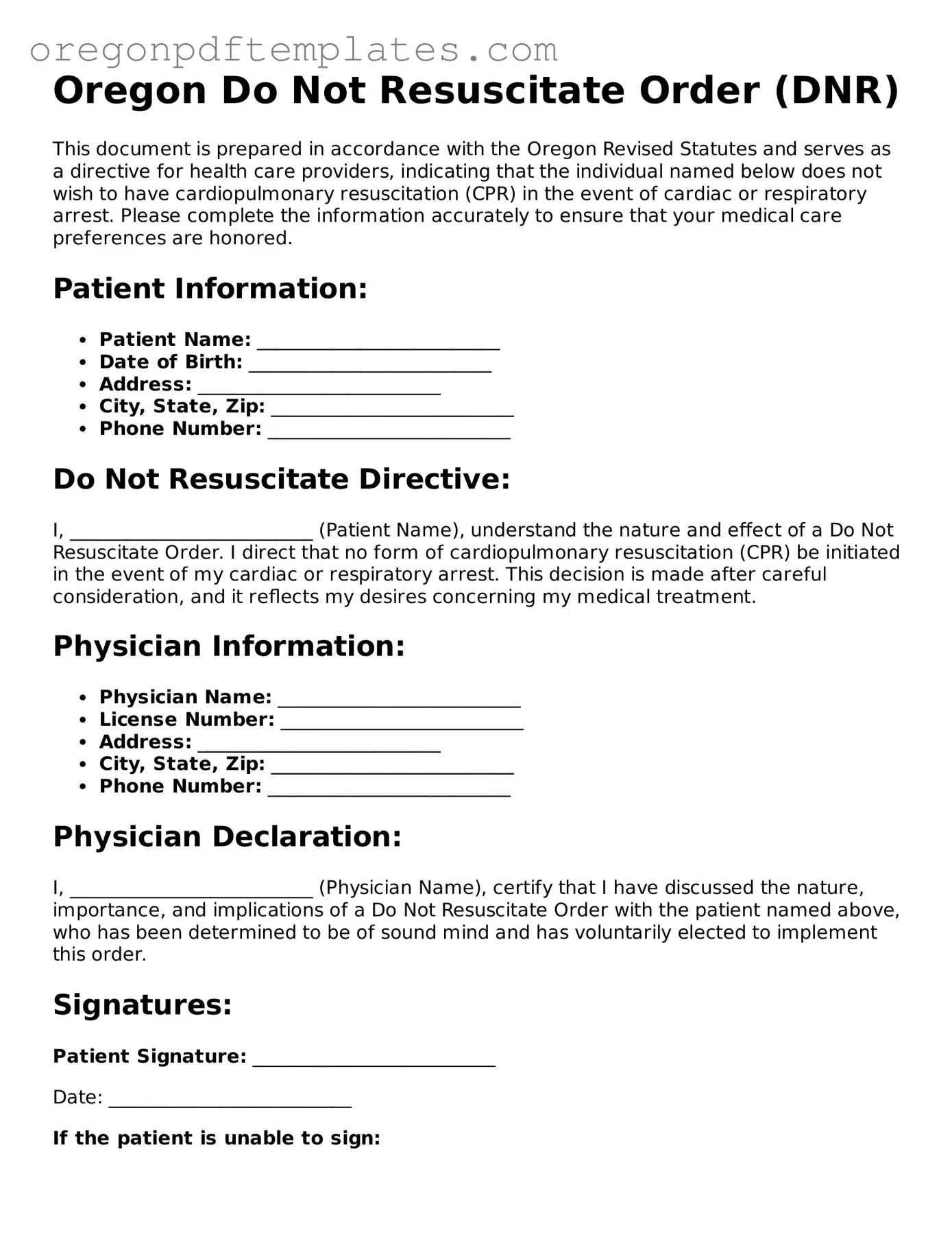 Do Not Resuscitate Order Document for Oregon State