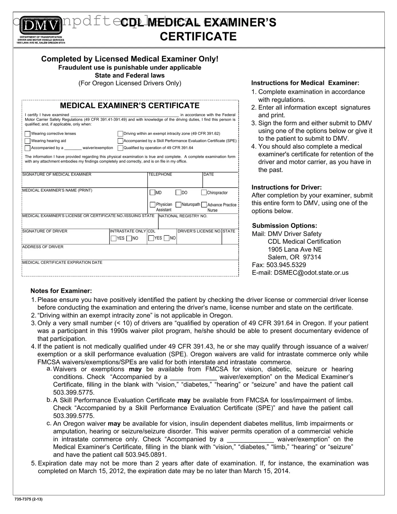 Blank Oregon Dot Card For Cdl Form