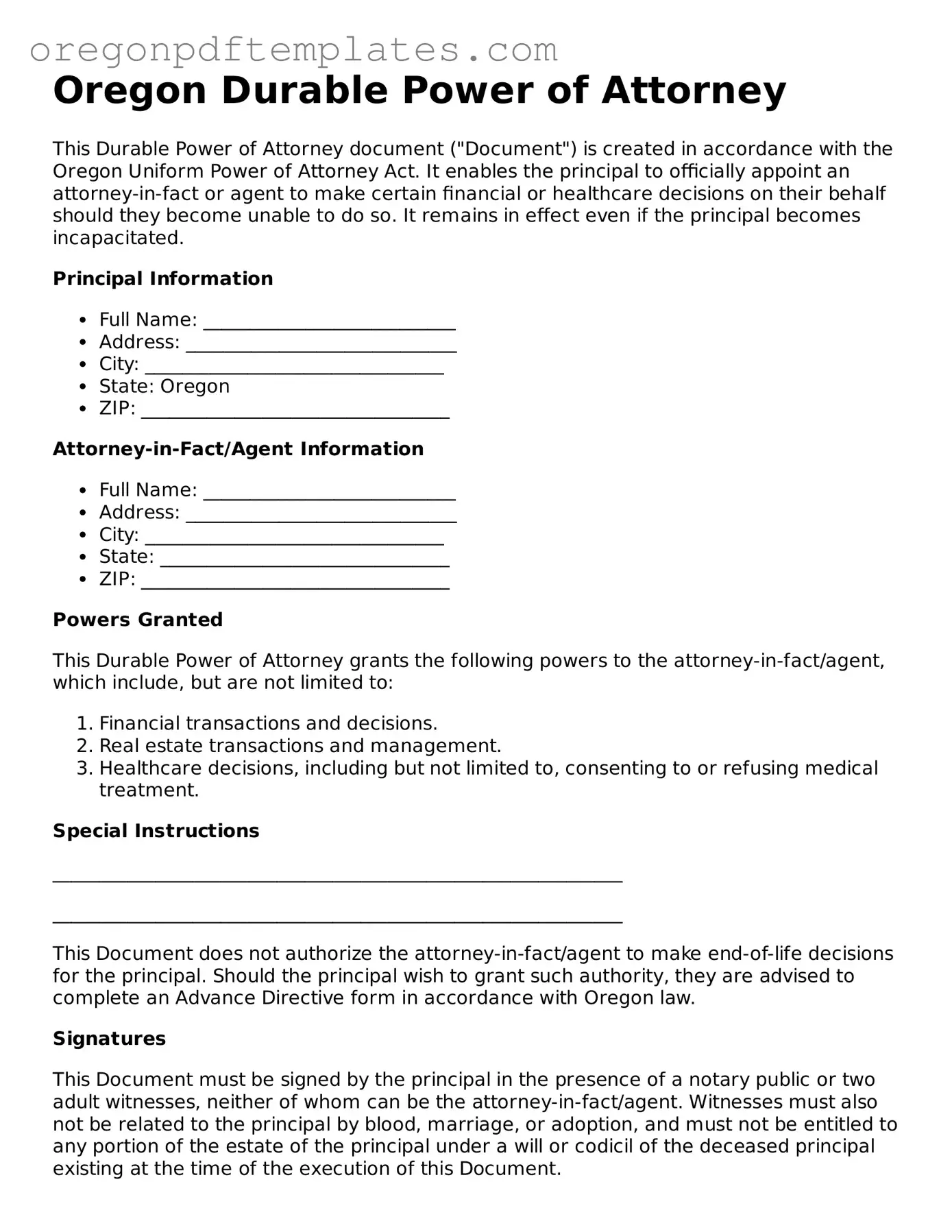 Durable Power of Attorney Document for Oregon State