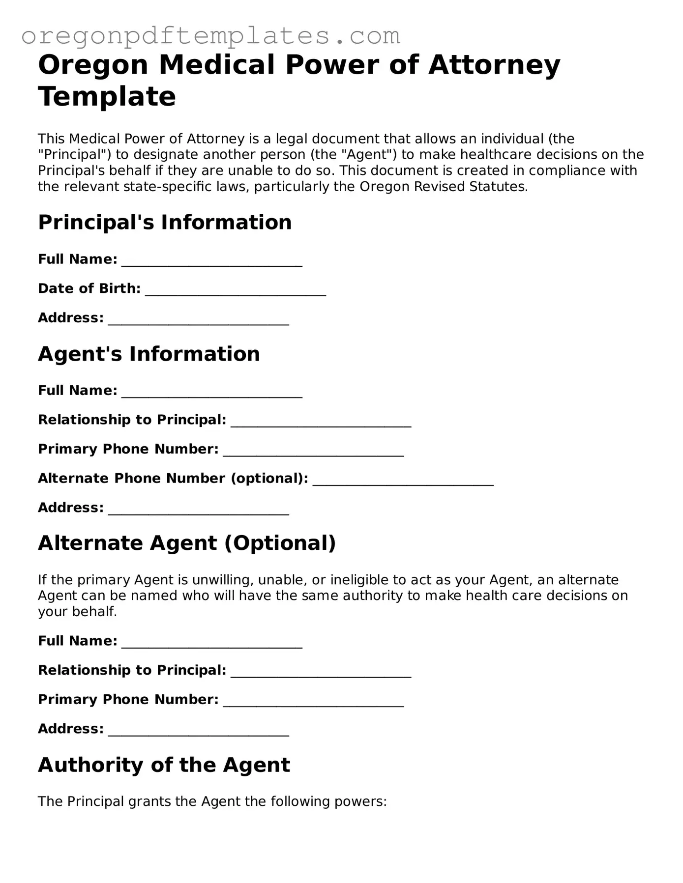 Medical Power of Attorney Document for Oregon State