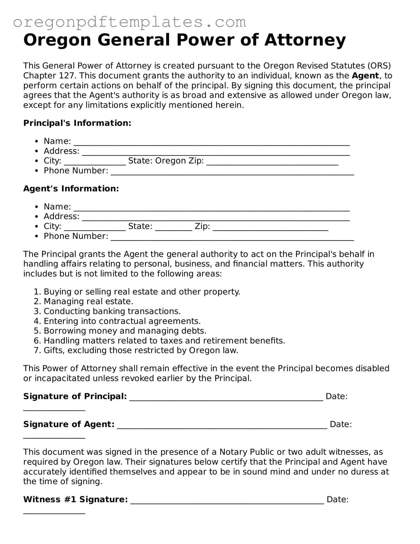 General Power of Attorney Document for Oregon State