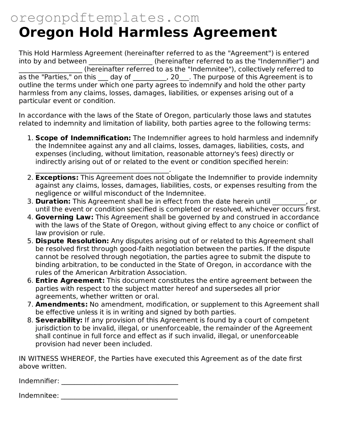 Hold Harmless Agreement Document for Oregon State