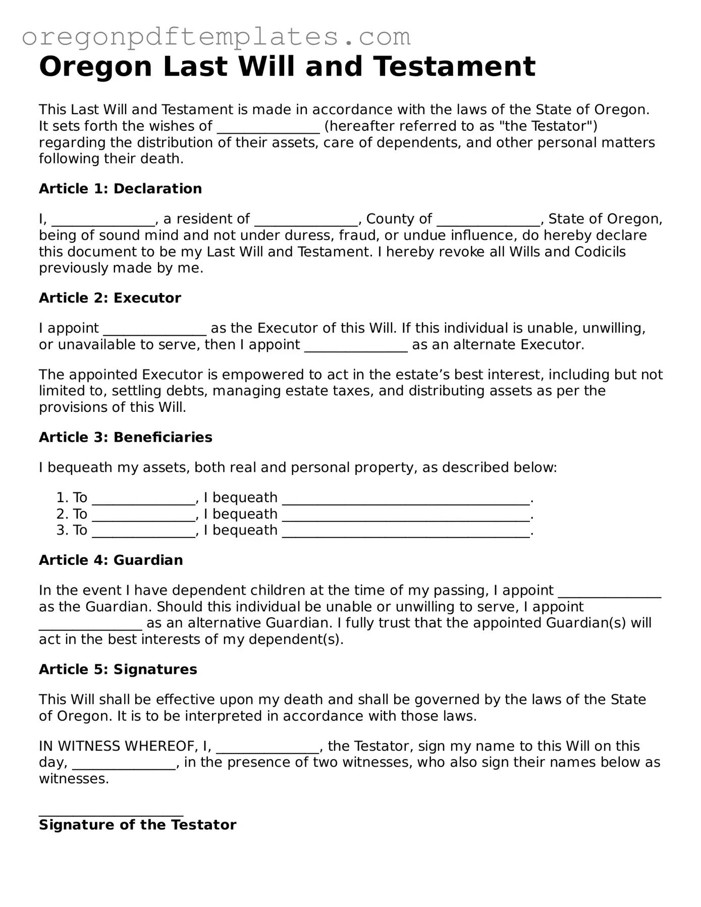 Last Will and Testament Document for Oregon State