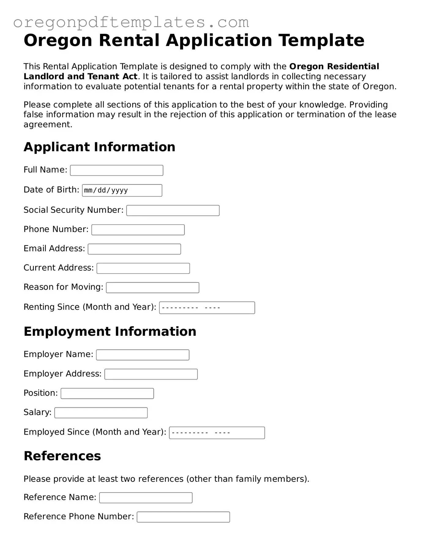 Rental Application Document for Oregon State