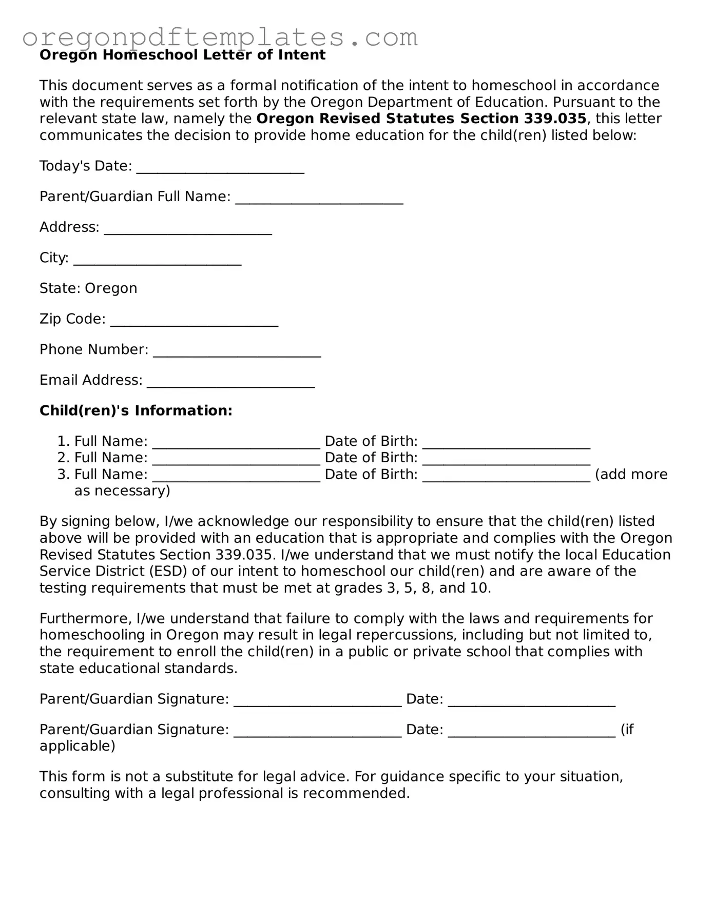 Homeschool Letter of Intent Document for Oregon State