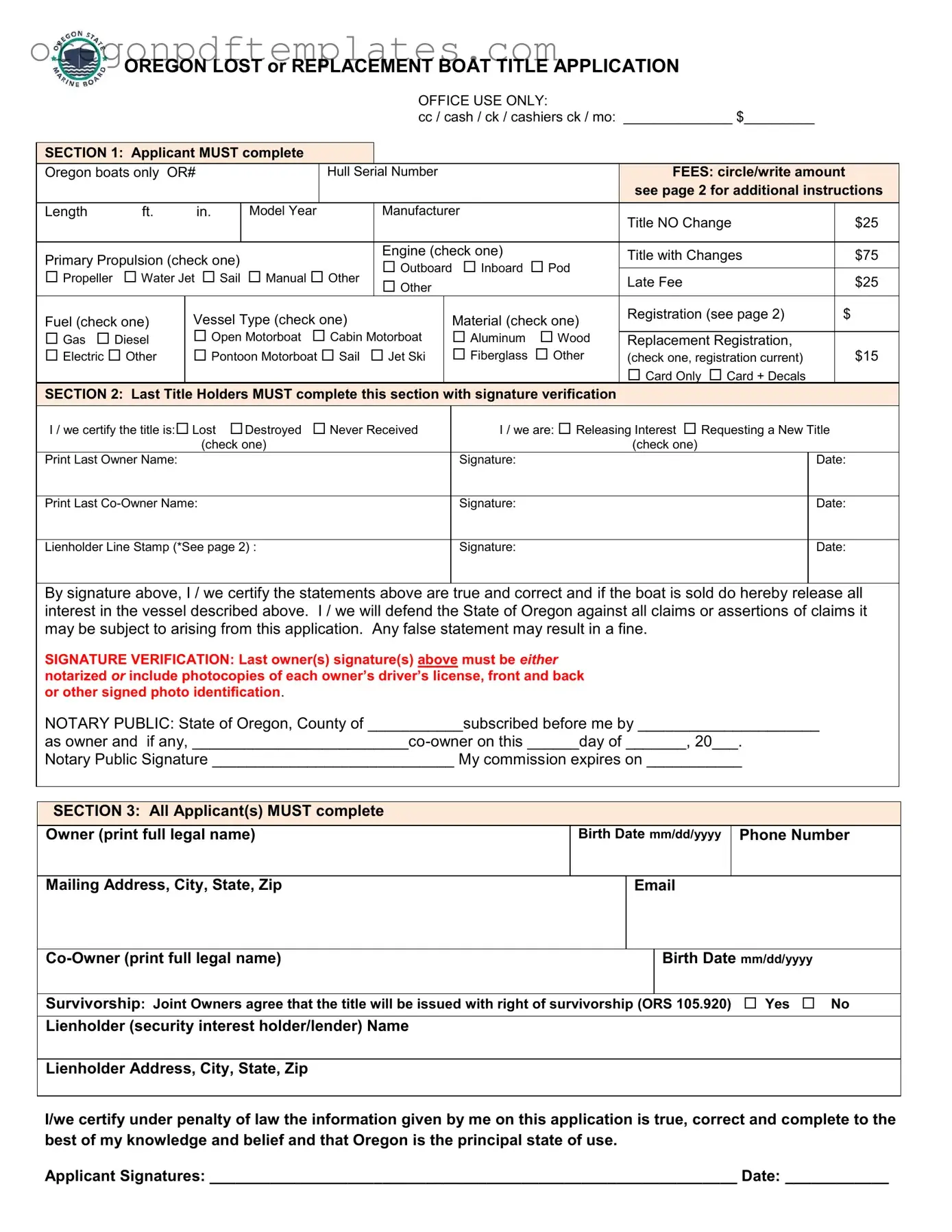 Blank Oregon Lost Boat Title Application Form