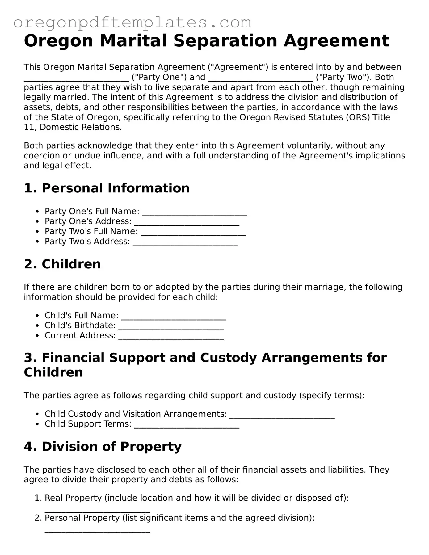 Marital Separation Agreement Document for Oregon State