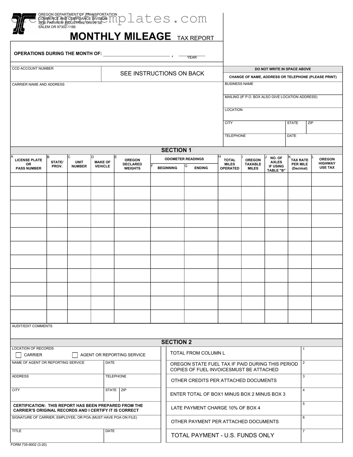 Blank Oregon Monthly Mileage Tax Form
