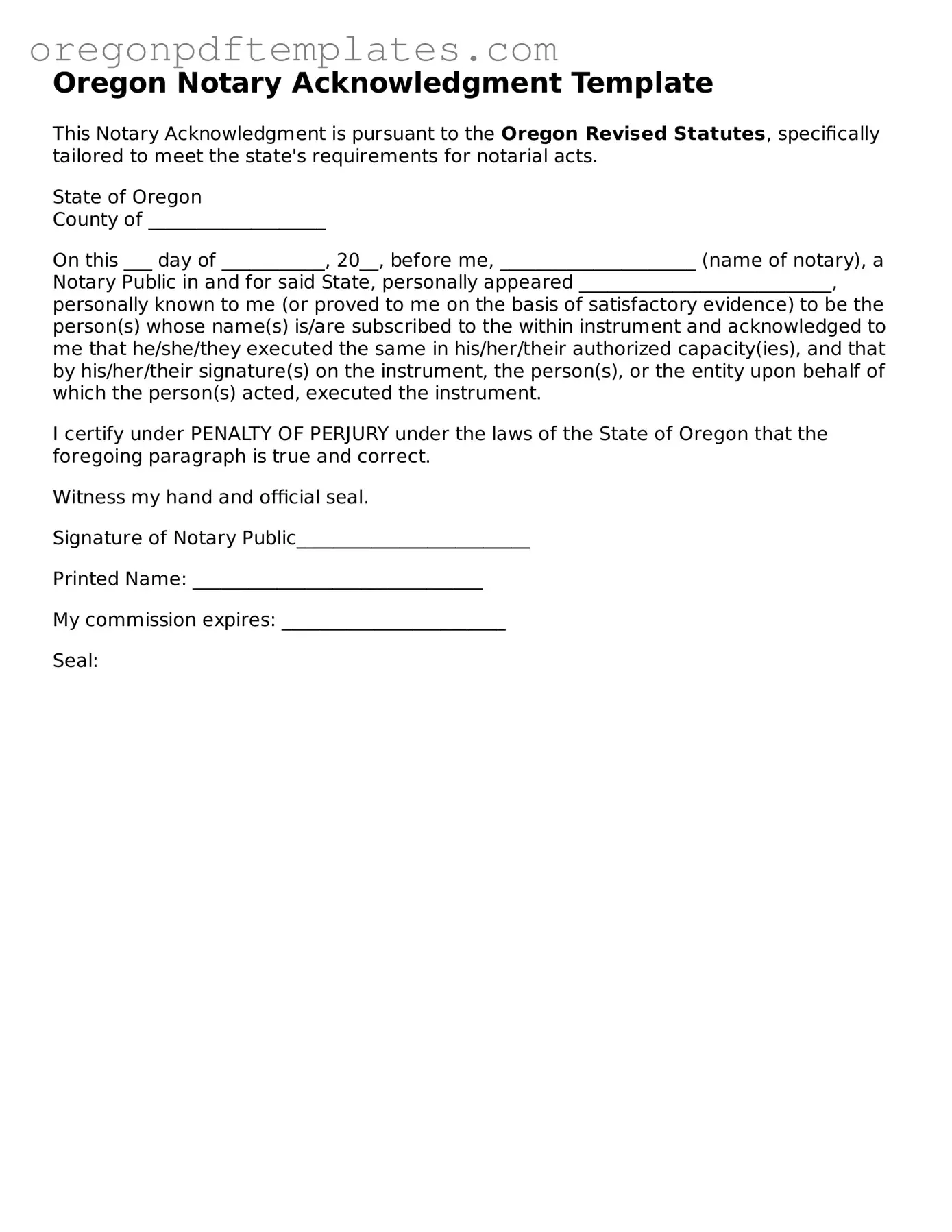 Notary Acknowledgement Document for Oregon State