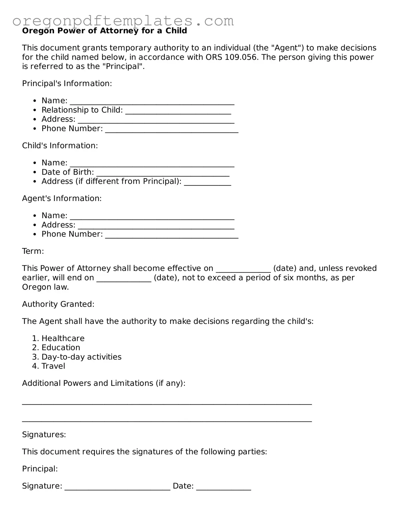 Power of Attorney for a Child Document for Oregon State