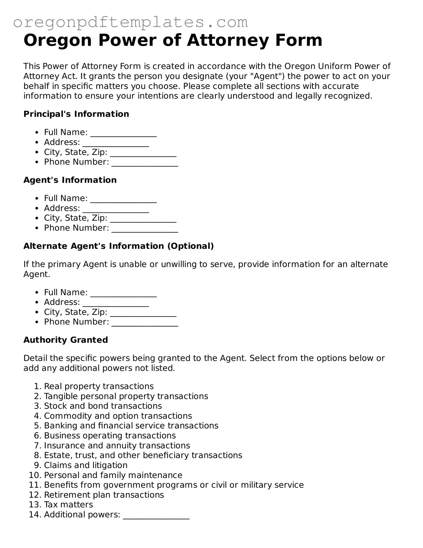 Power of Attorney Document for Oregon State