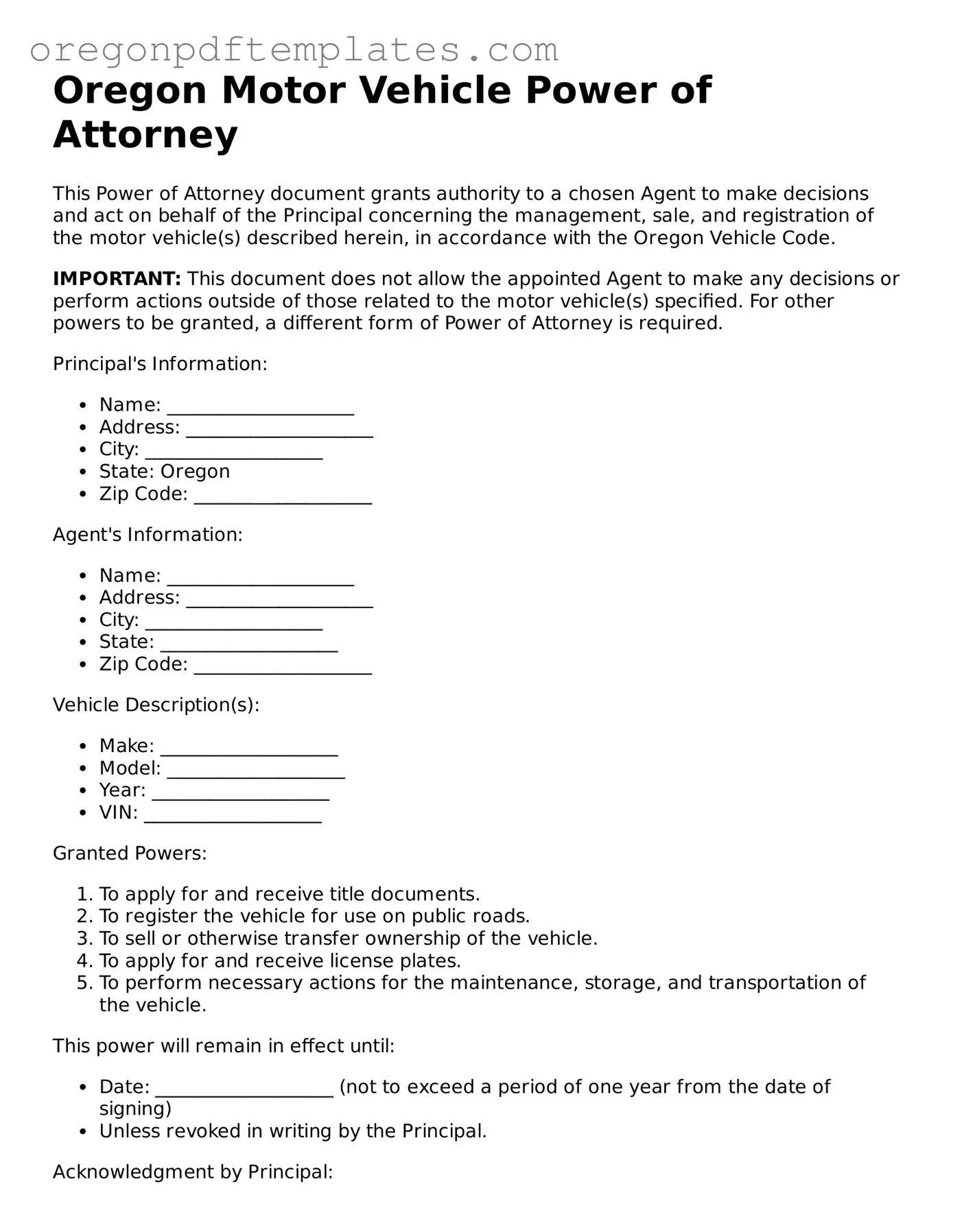 Motor Vehicle Power of Attorney Document for Oregon State