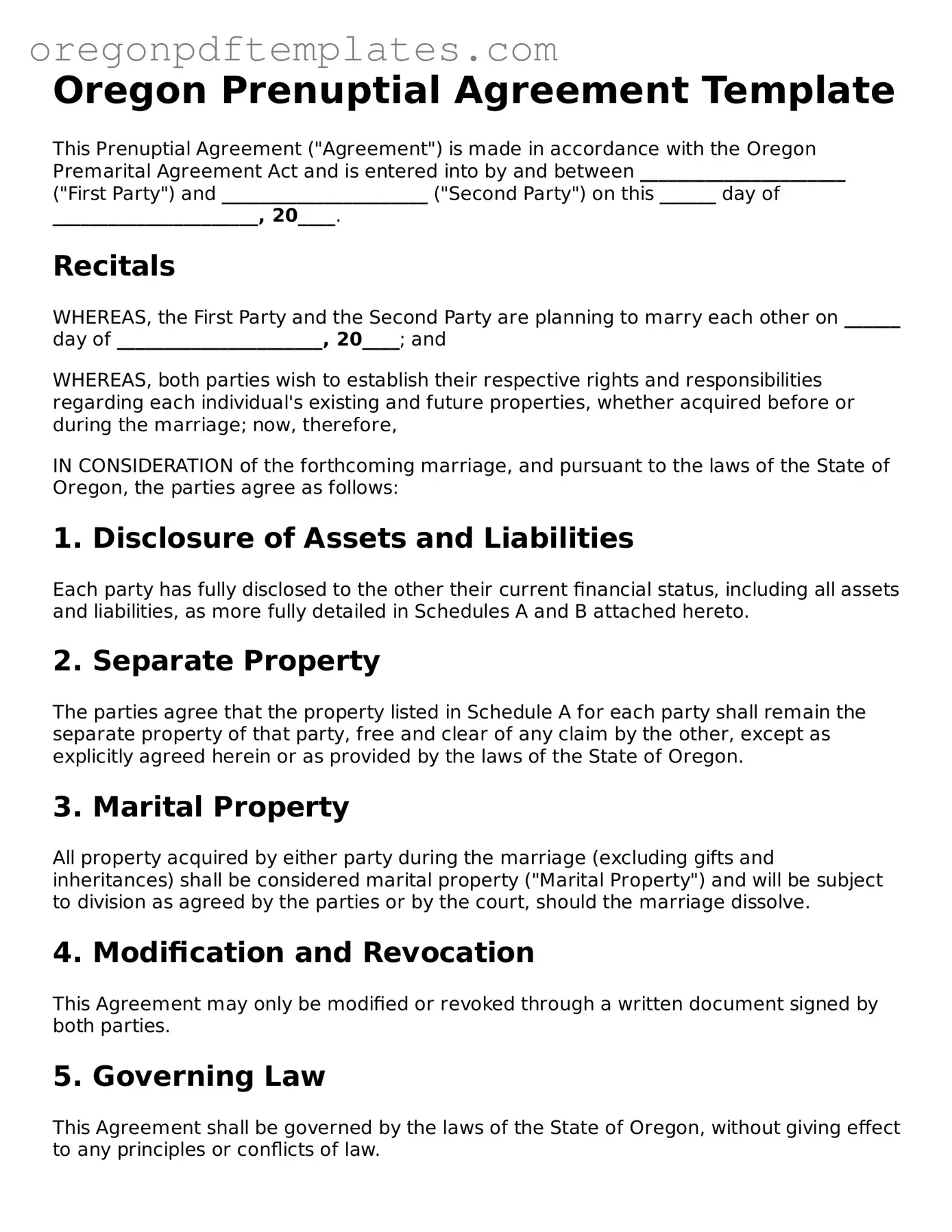 Prenuptial Agreement Document for Oregon State
