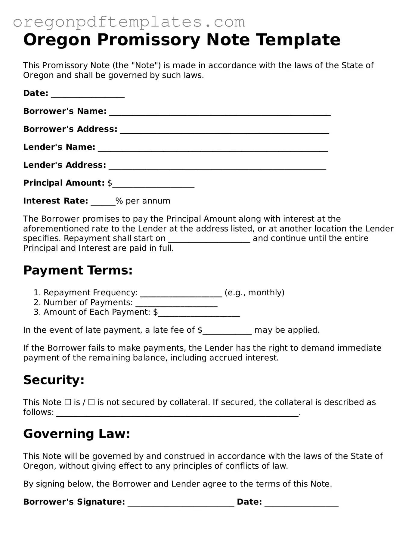 Promissory Note Document for Oregon State