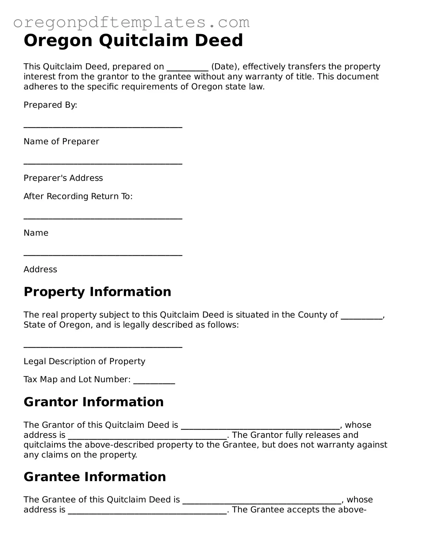 Quitclaim Deed Document for Oregon State