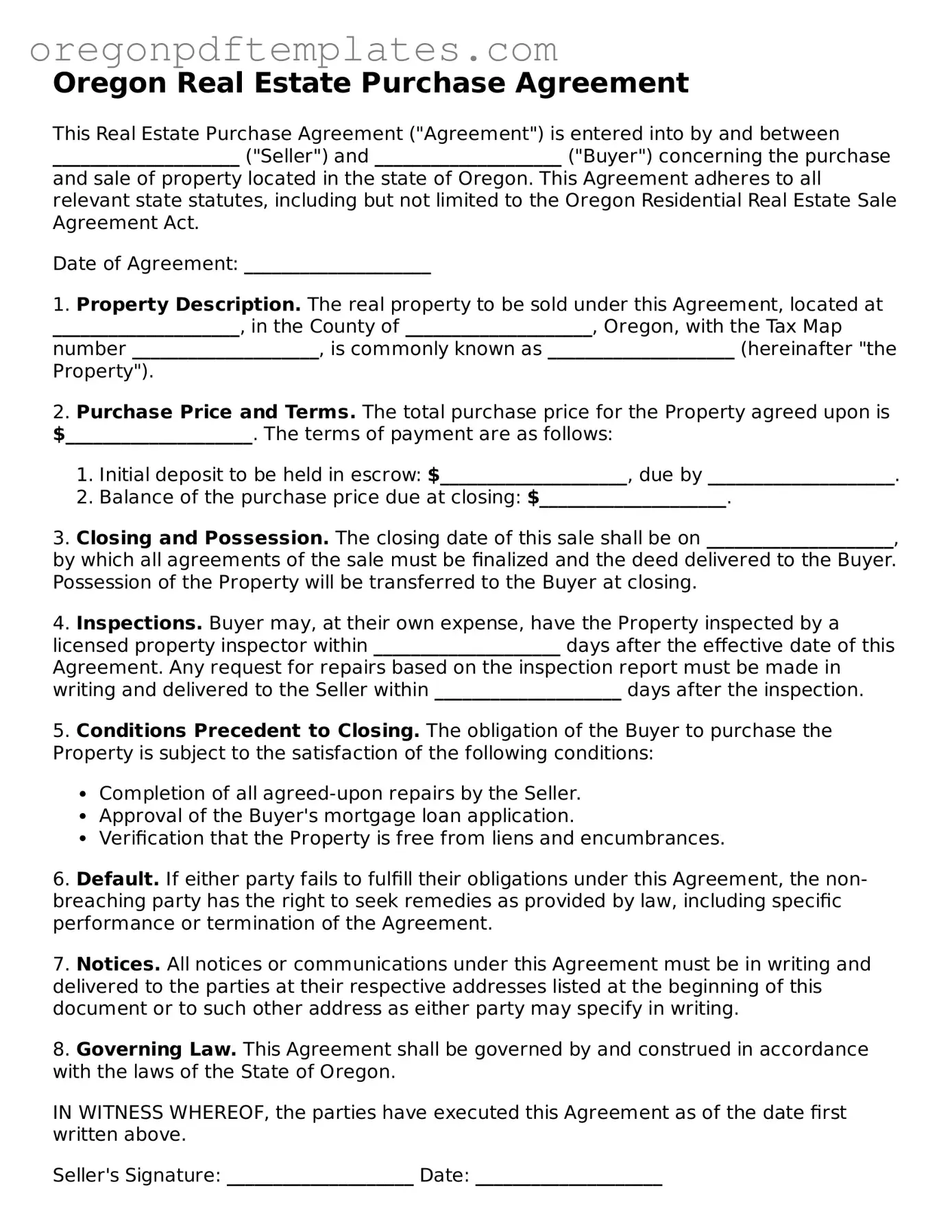 Real Estate Purchase Agreement Document for Oregon State