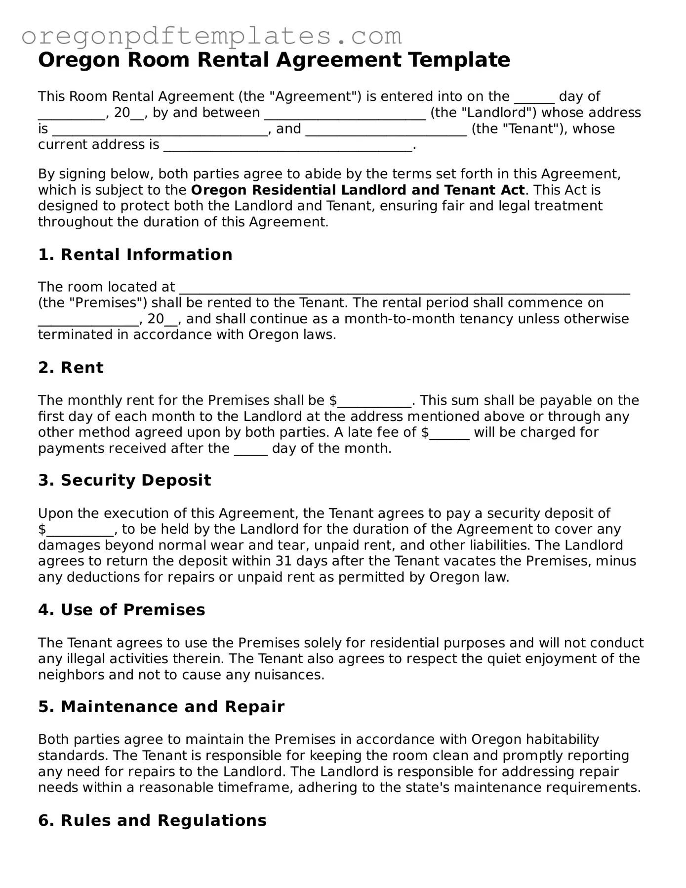 Room Rental Agreement Document for Oregon State