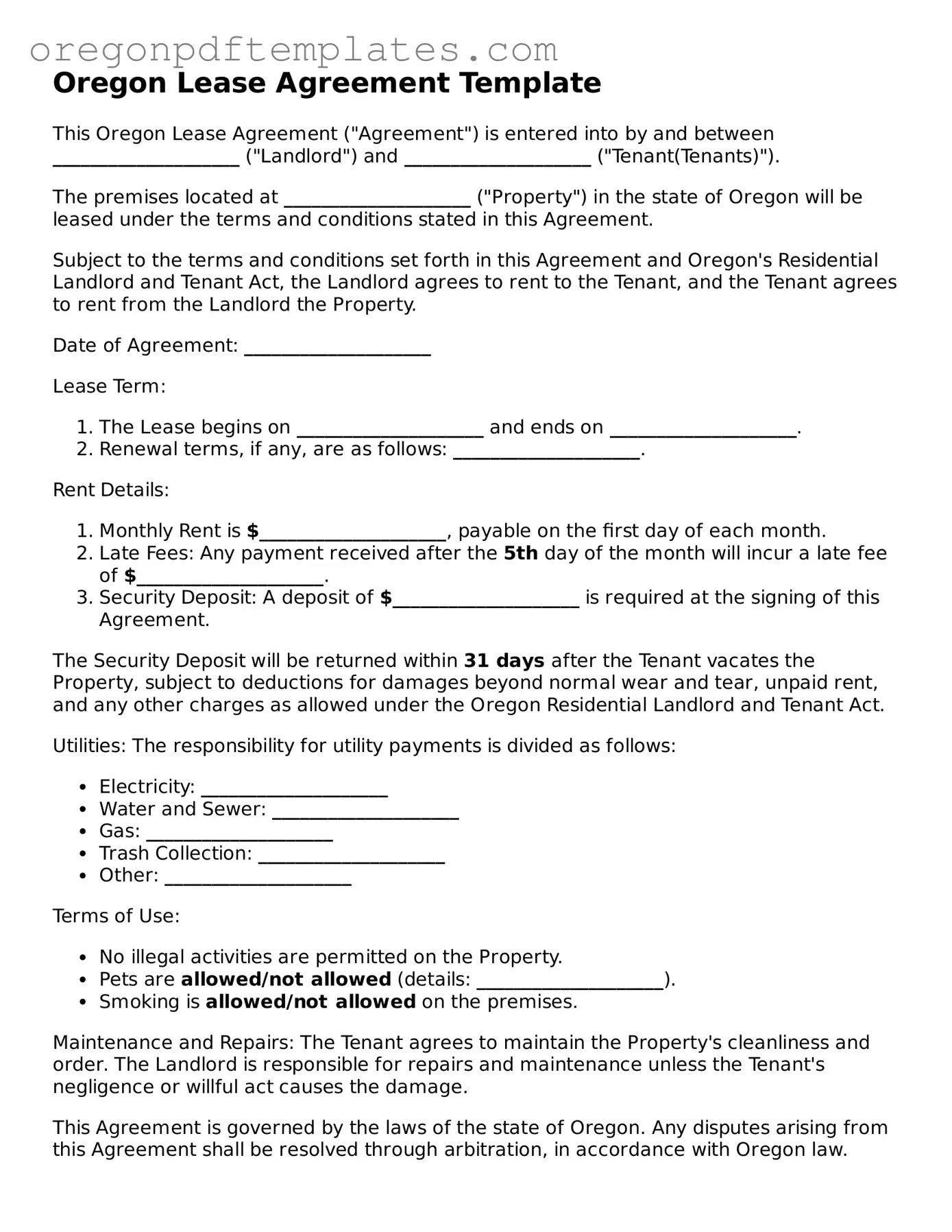 Lease Agreement Document for Oregon State