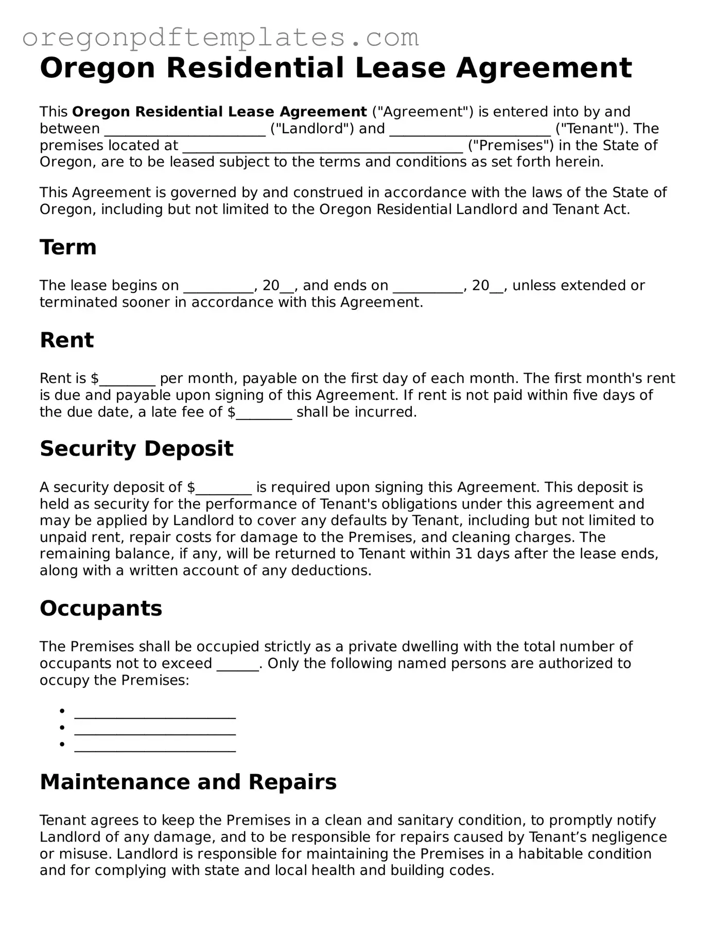 Residential Lease Agreement Document for Oregon State