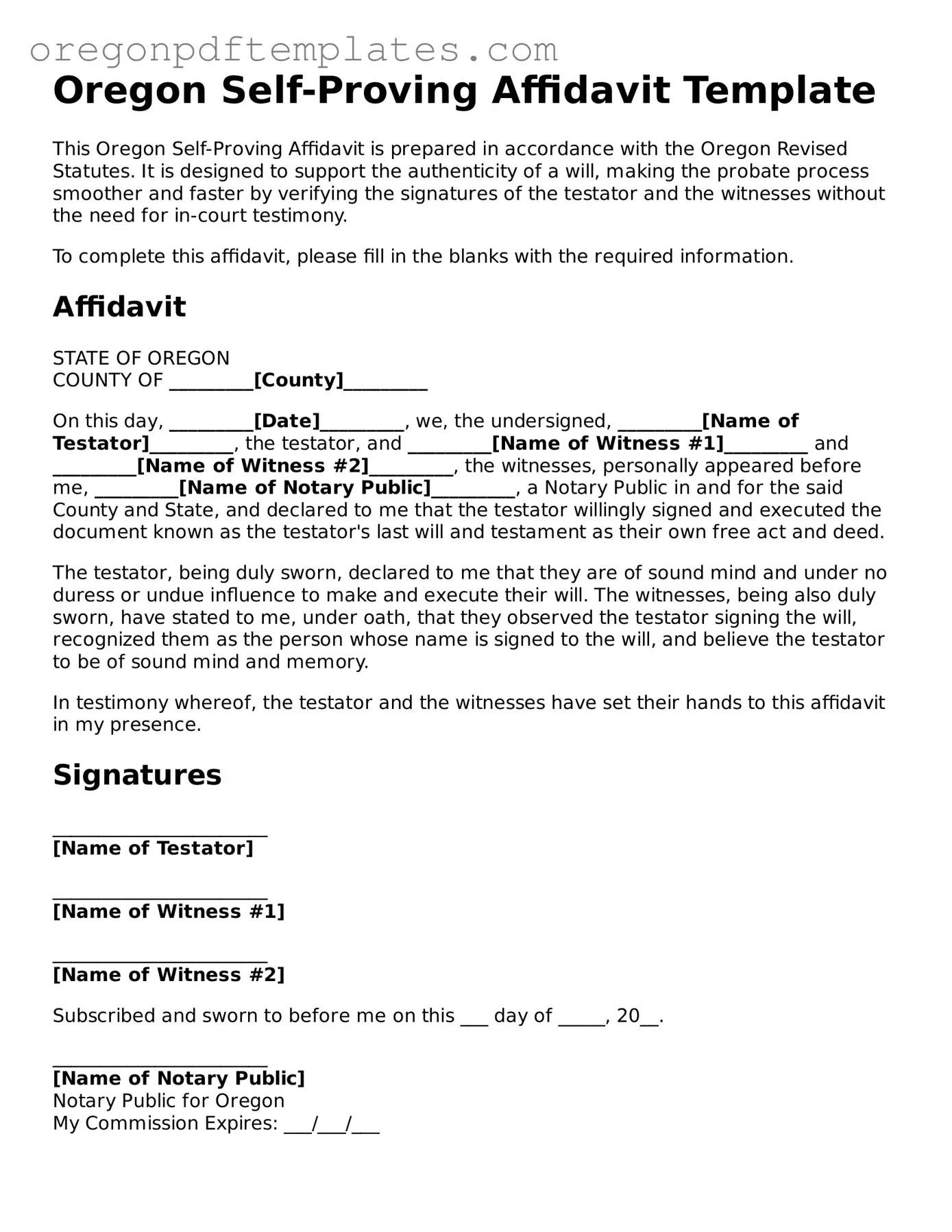 Self-Proving Affidavit Document for Oregon State