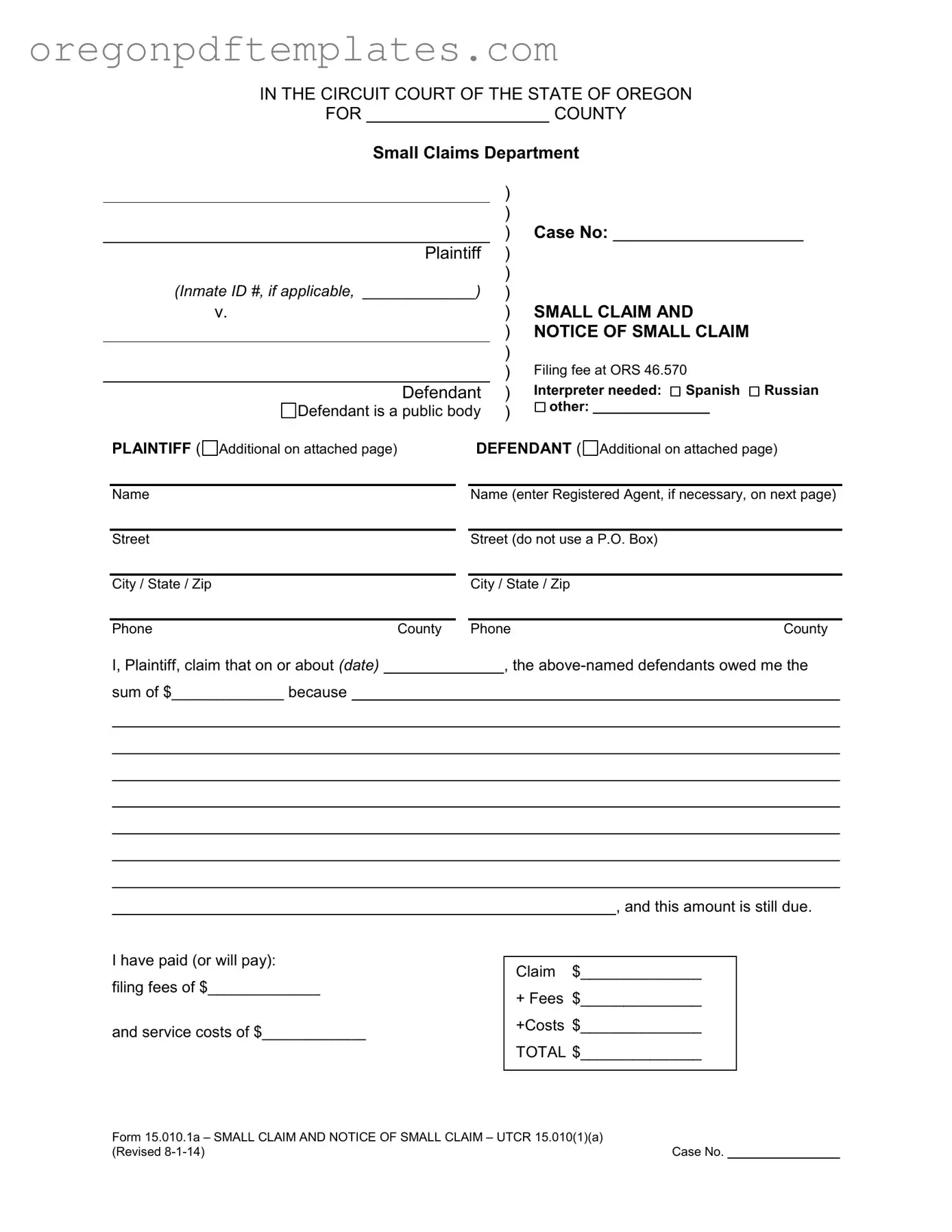Blank Oregon Small Claim Form