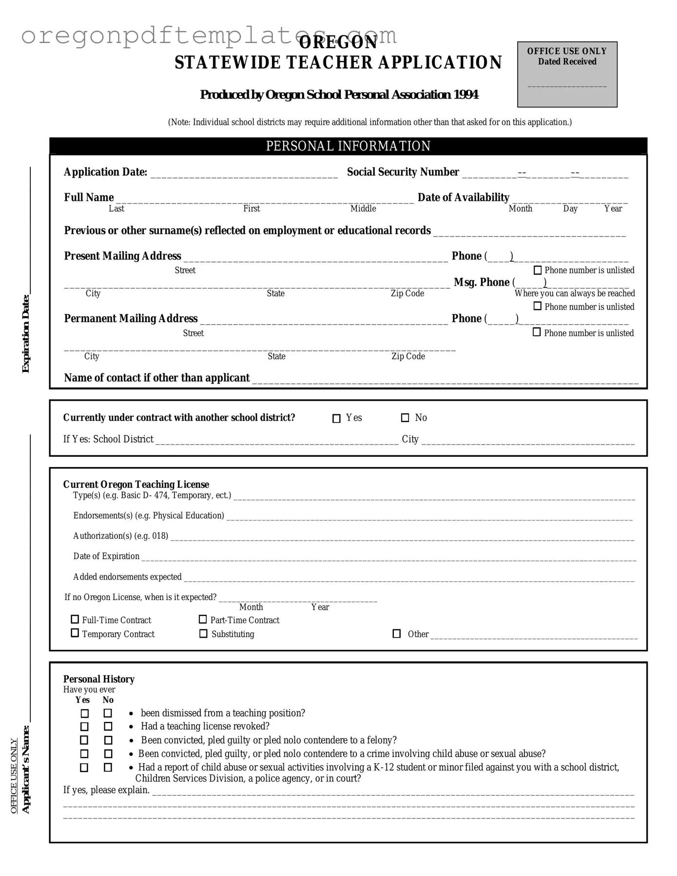 Blank Oregon Teacher Application Form