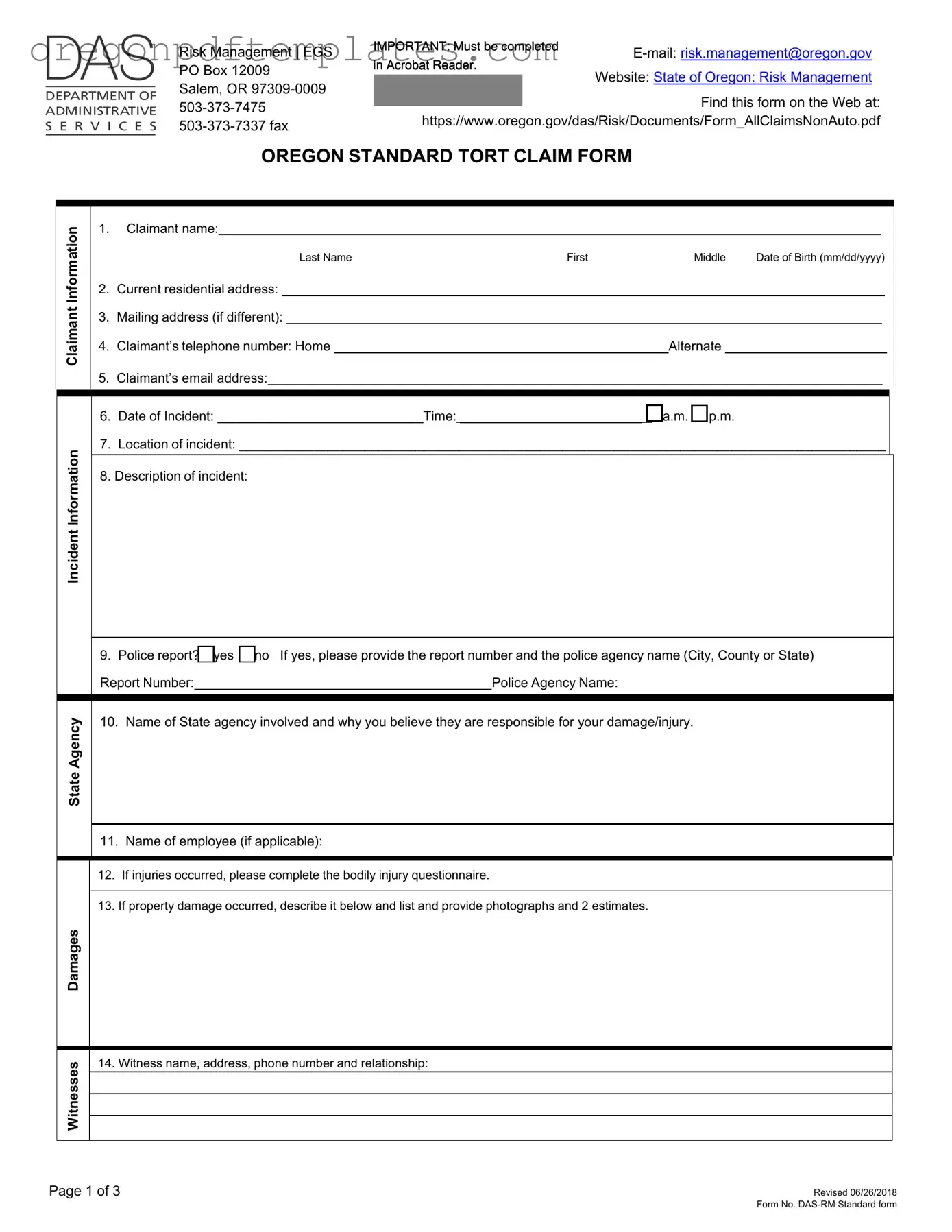 Blank Oregon Tort Claim Form