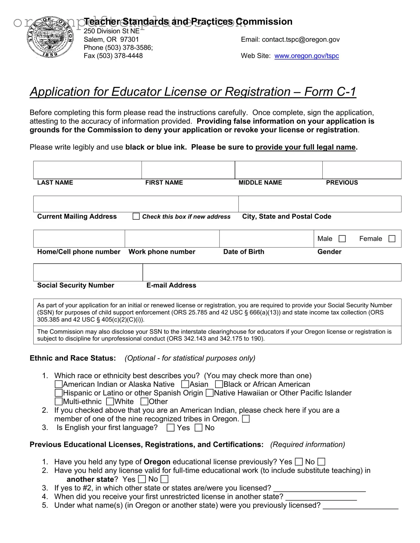 Blank Oregon Tspc C 1 Form
