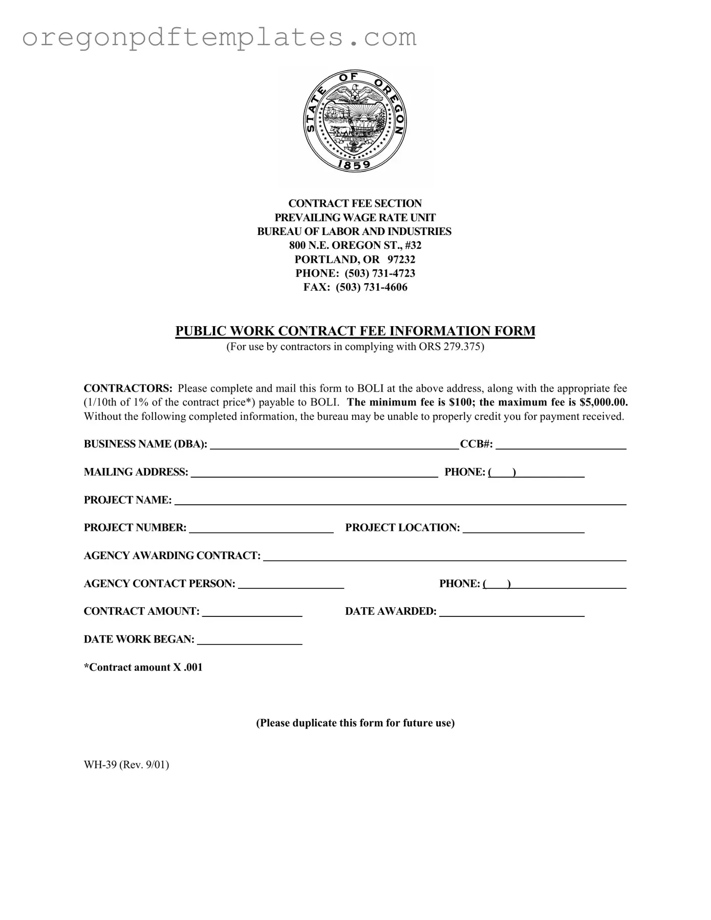 Blank Oregon Wh 39 Form