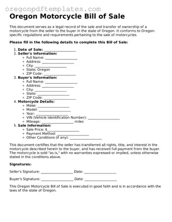 Motorcycle Bill of Sale Document for Oregon State