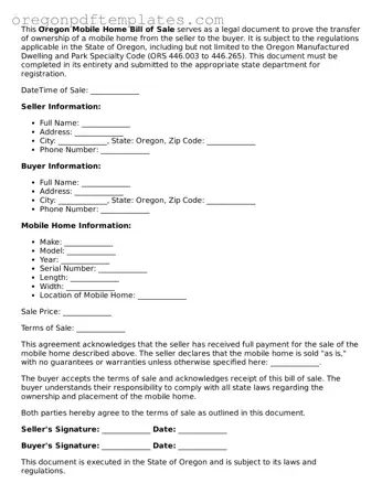 Mobile Home Bill of Sale Document for Oregon State
