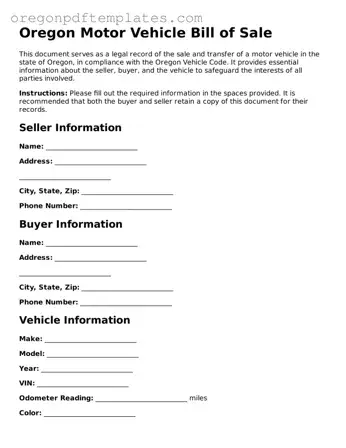 Motor Vehicle Bill of Sale Document for Oregon State