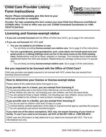 Blank Oregon Dhs Child Care Provider Form