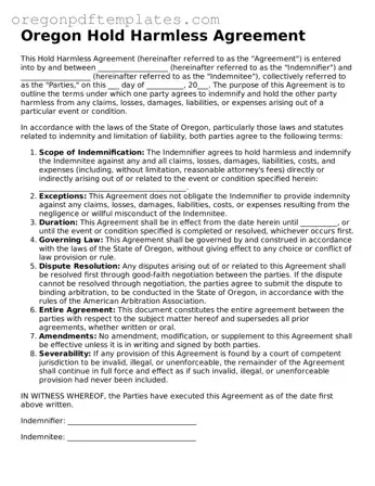 Hold Harmless Agreement Document for Oregon State